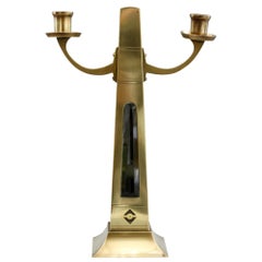 Vienna Secessionist Twin Branch Brass Candlestick Attributed to Josef Olbrich
