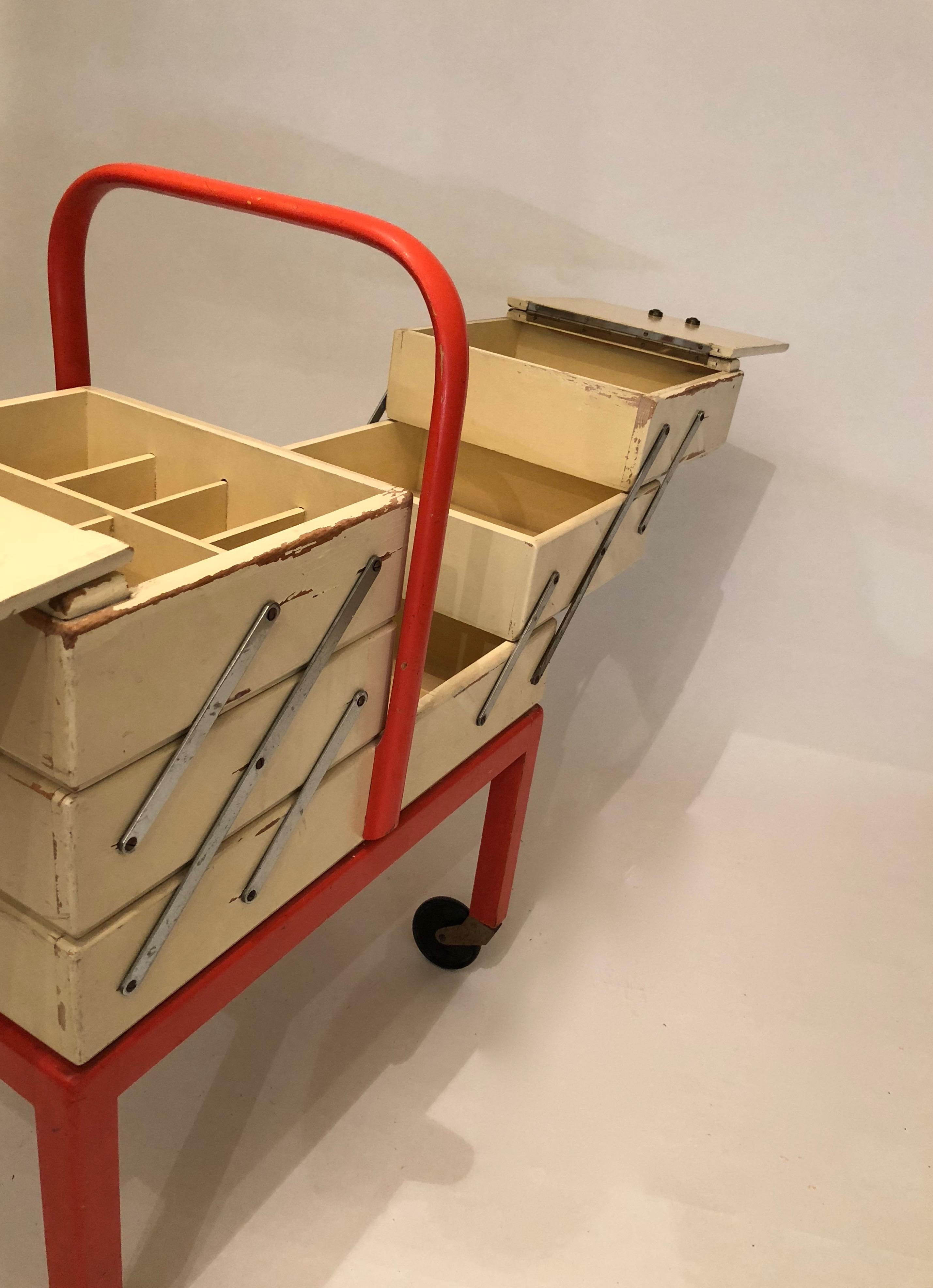 Modern Vienna Sewing Box on Wheels in Coral and Cream from 1920s