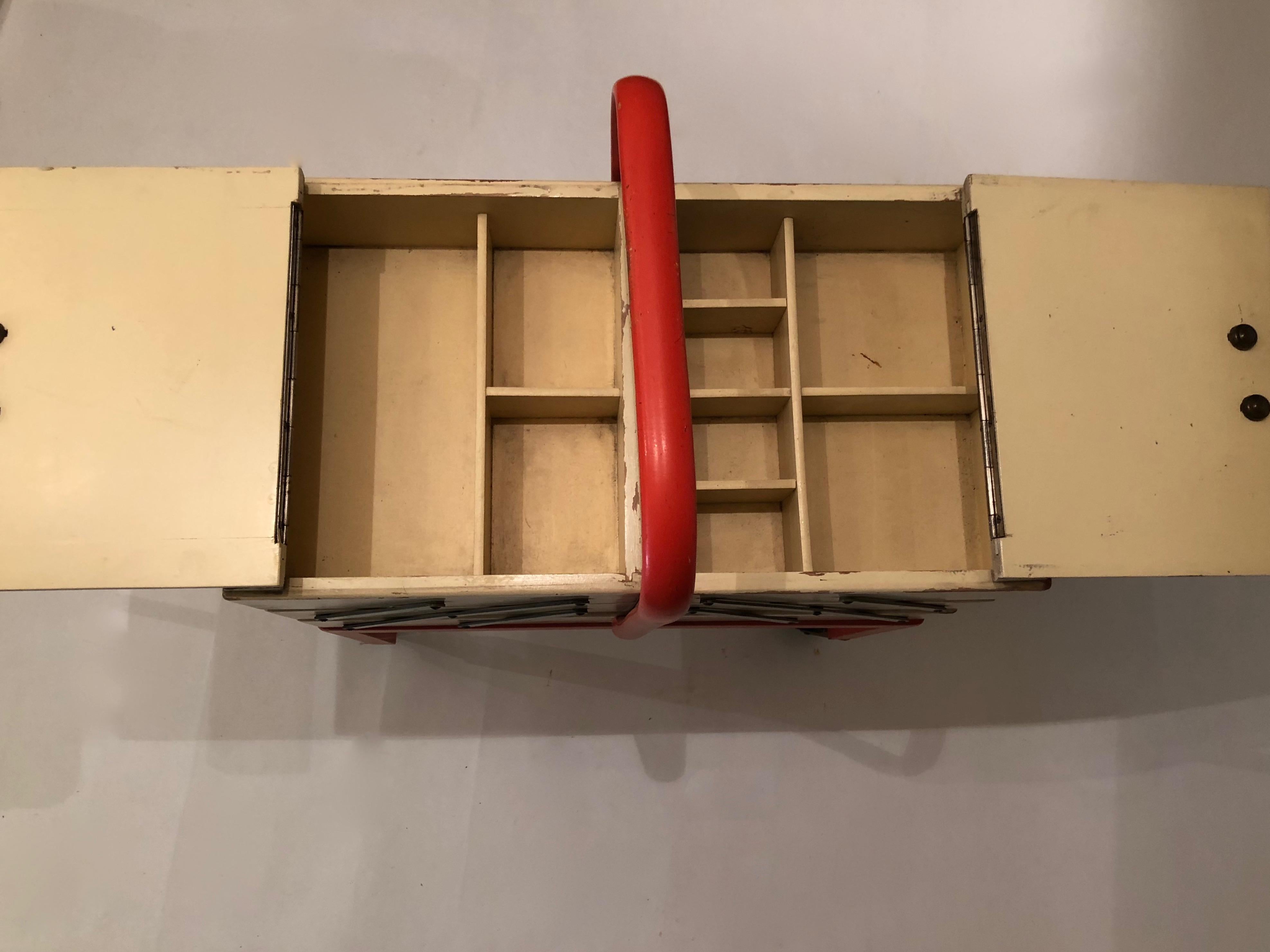 Early 20th Century Vienna Sewing Box on Wheels in Coral and Cream from 1920s