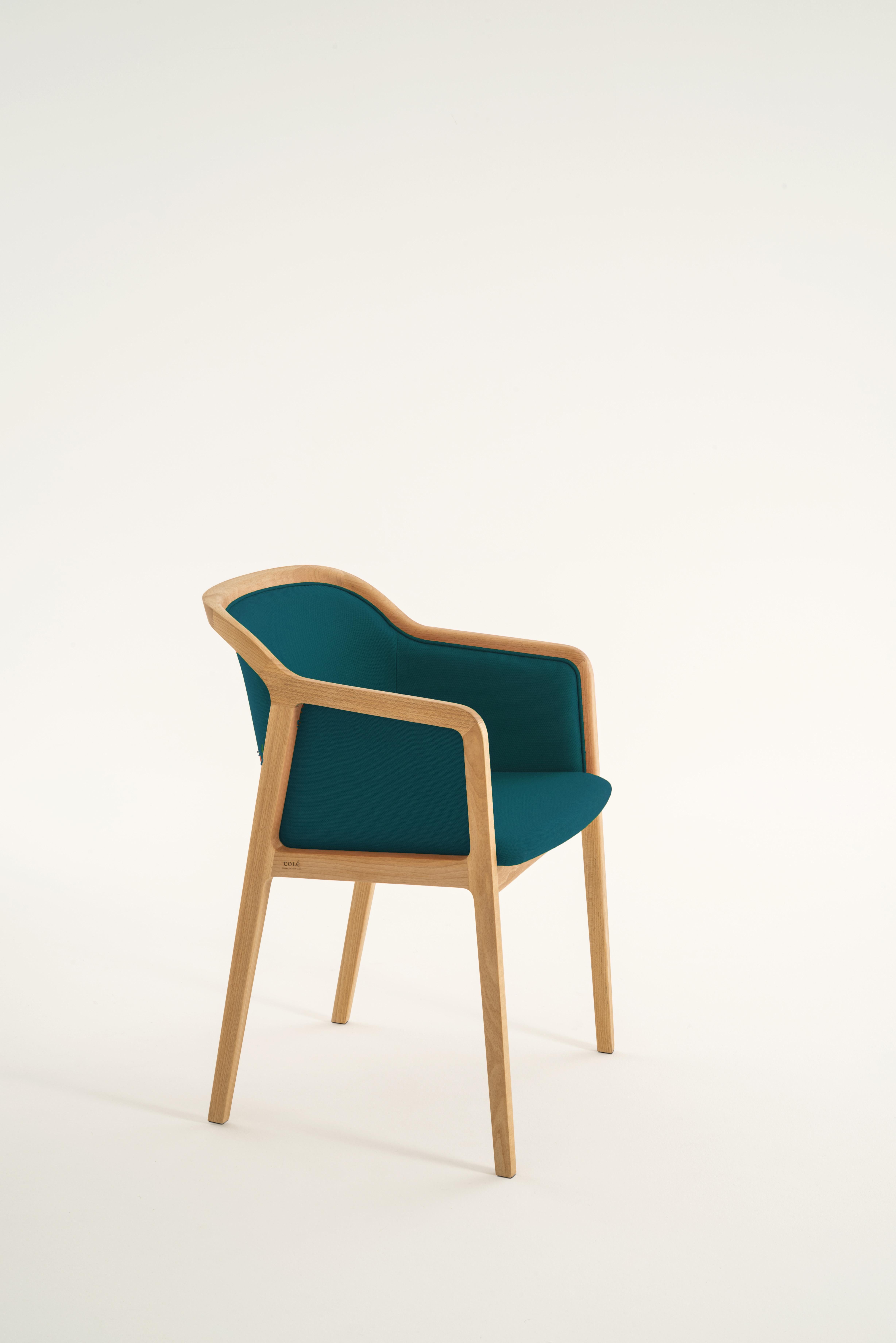 Hand-Crafted Vienna Soft Armchair in Beechwood and Wool Fabric Tropic Blue Made in Italy For Sale