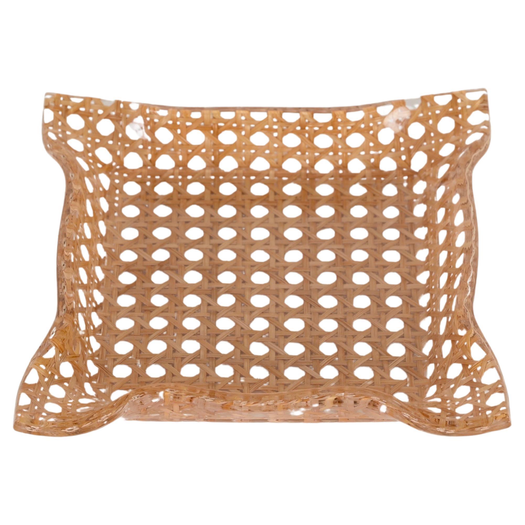 Vienna Straw Wicker and Lucite Vide-Poche Bowl, Dior Style, Italy 1970s  For Sale