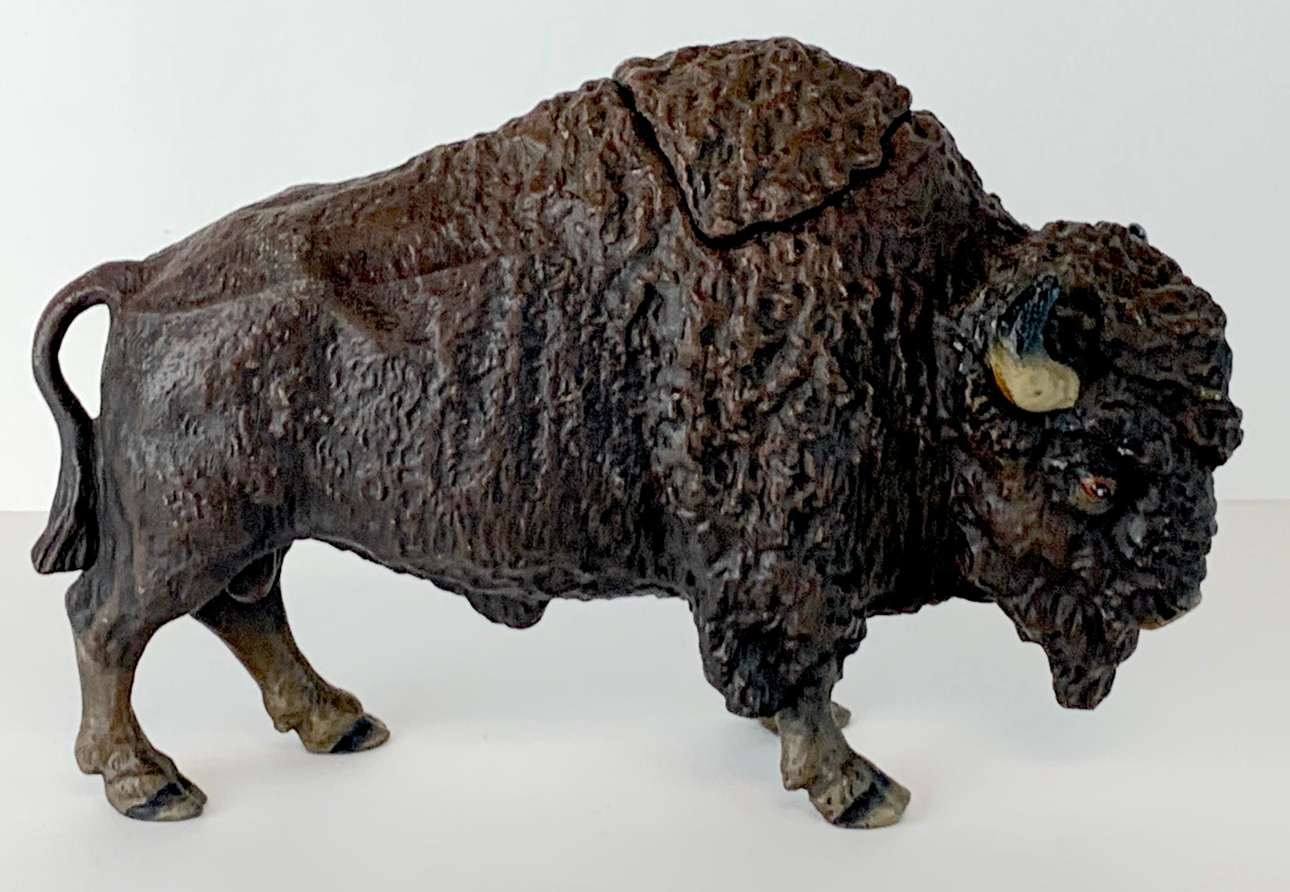 Vienna style cold painted metal bison inkwell, realistically cast and painted, with removable porcelain inkwell.
