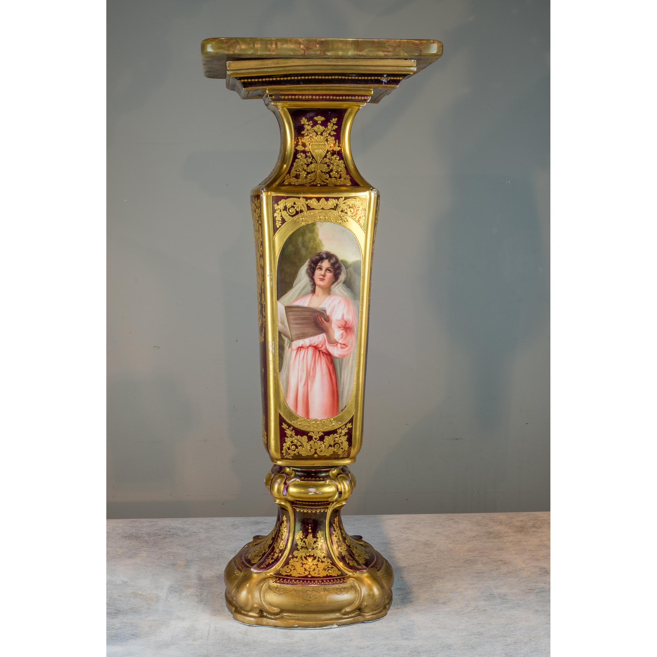 Vienna Style Gilt and Polychrome Decorated Porcelain Pedestal In Good Condition In New York, NY