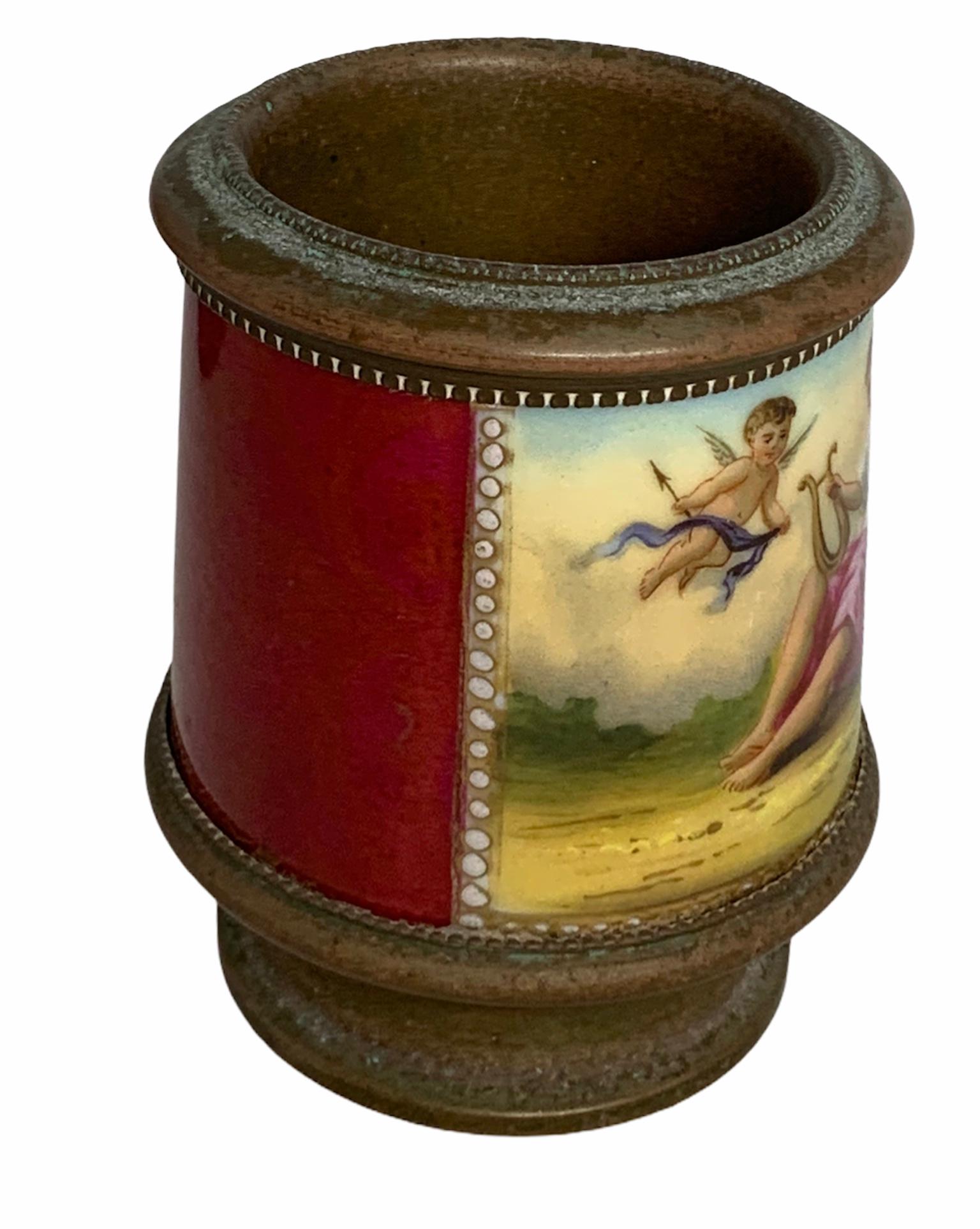 Neoclassical Vienna Style Metal Mounted Hand Painted Porcelain Cachepot Vase For Sale