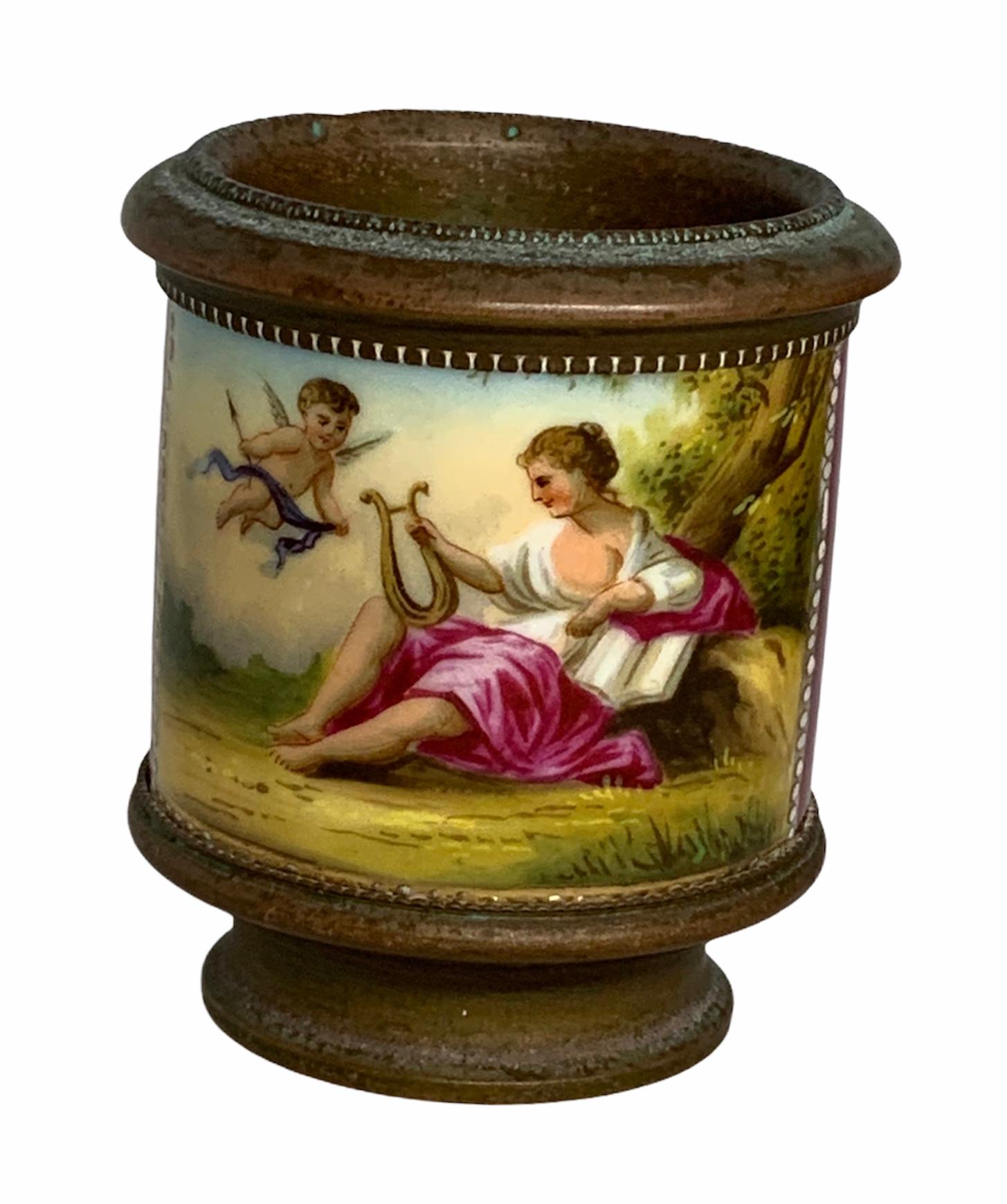 Austrian Vienna Style Metal Mounted Hand Painted Porcelain Cachepot Vase For Sale