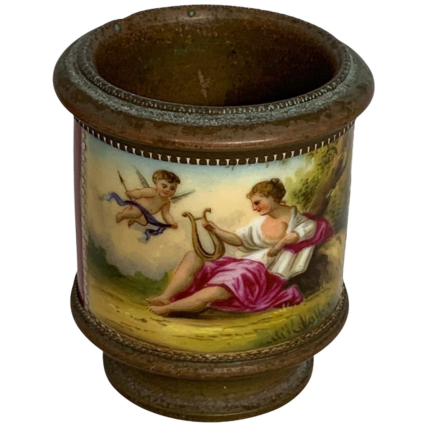 Vienna Style Metal Mounted Hand Painted Porcelain Cachepot Vase For Sale