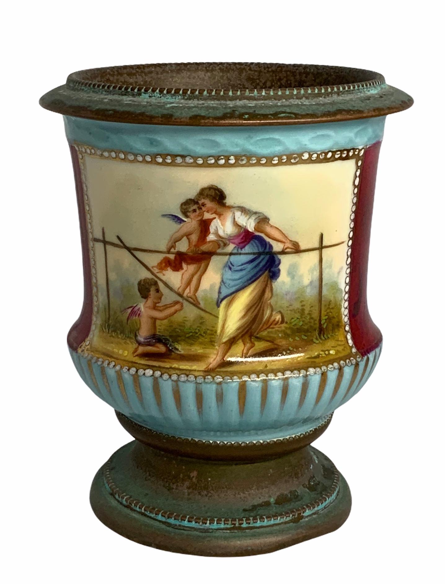 Neoclassical Vienna Style Metal Mounted Porcelain Vase Cachepot For Sale