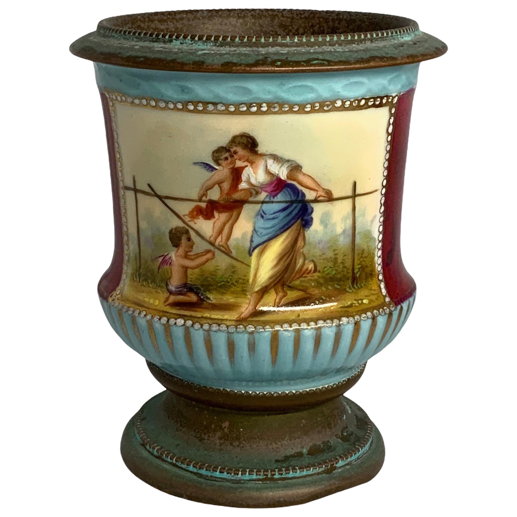 Vienna Style Metal Mounted Porcelain Vase Cachepot For Sale