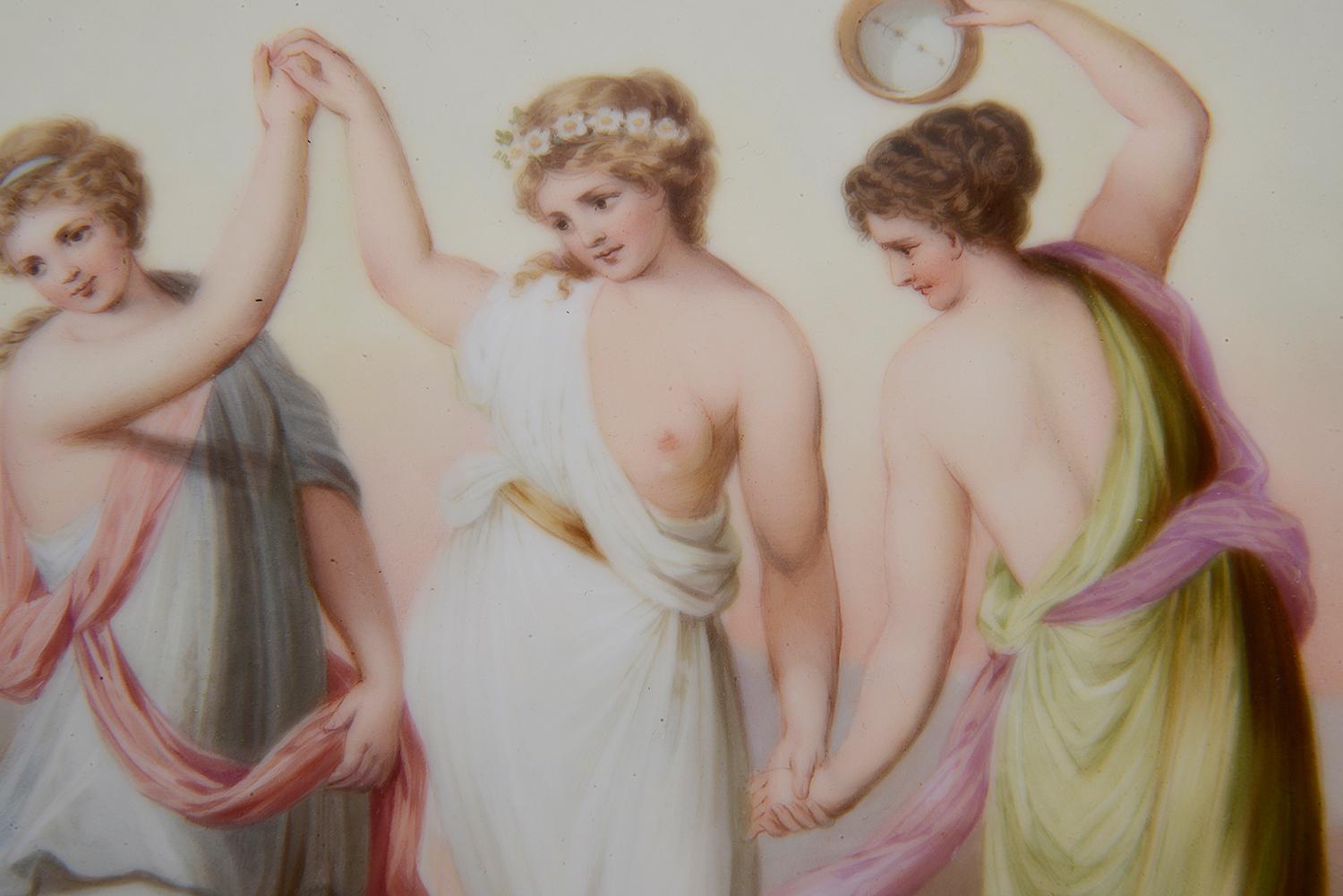 Hand-Painted Vienna Style Porcelain Charger of 'The Three Graces' For Sale