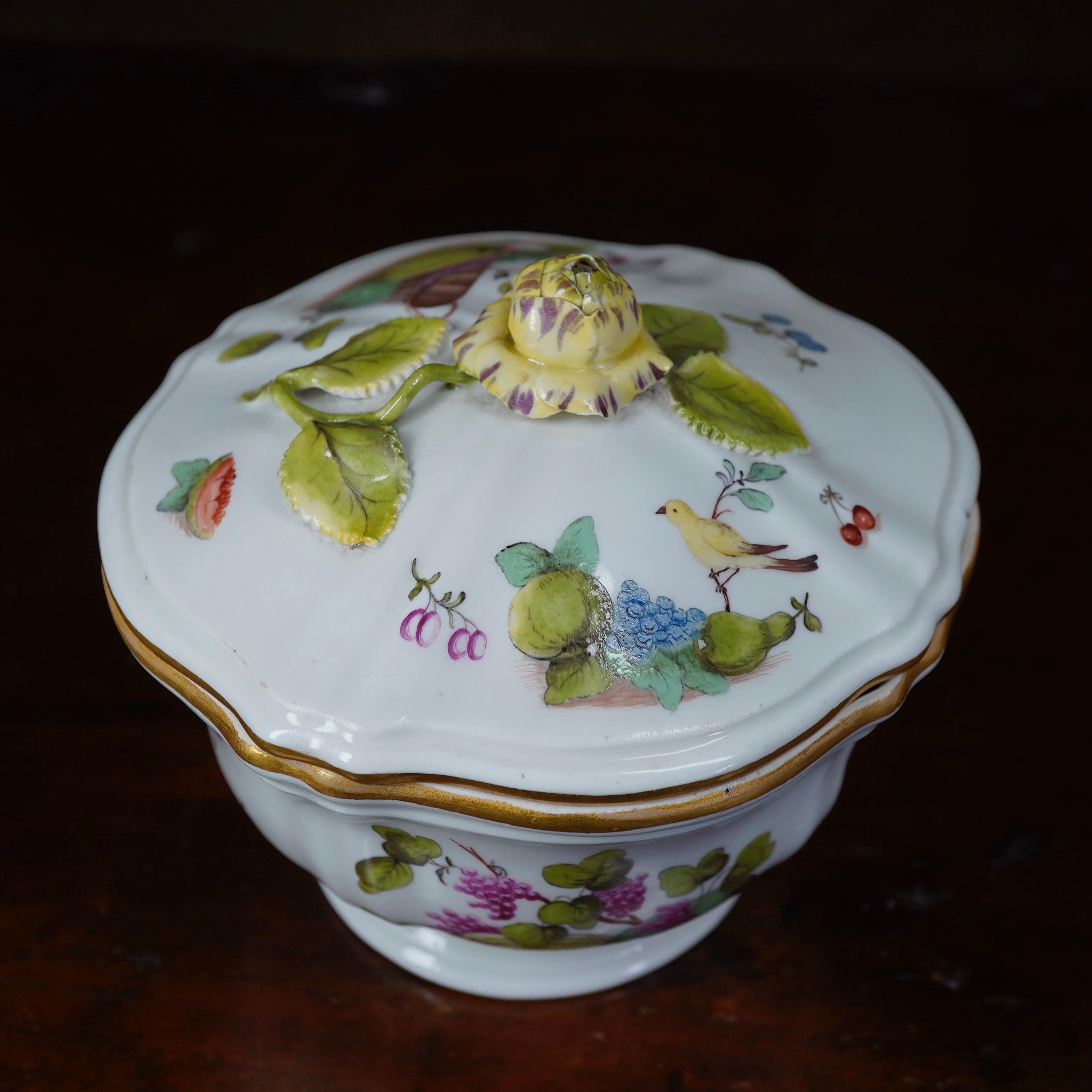 Hand-Painted Vienna Sucrier, Birds & Fruit Painted, circa 1755 For Sale
