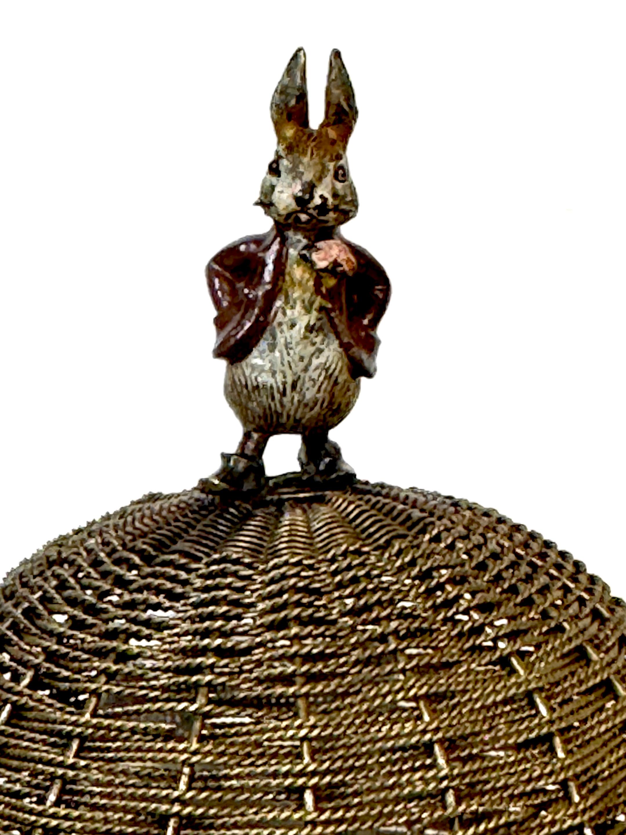 High Victorian Vienna Woven Bronze Basket Box with Cold-Painted Rabbit, Attributed to Bergman For Sale