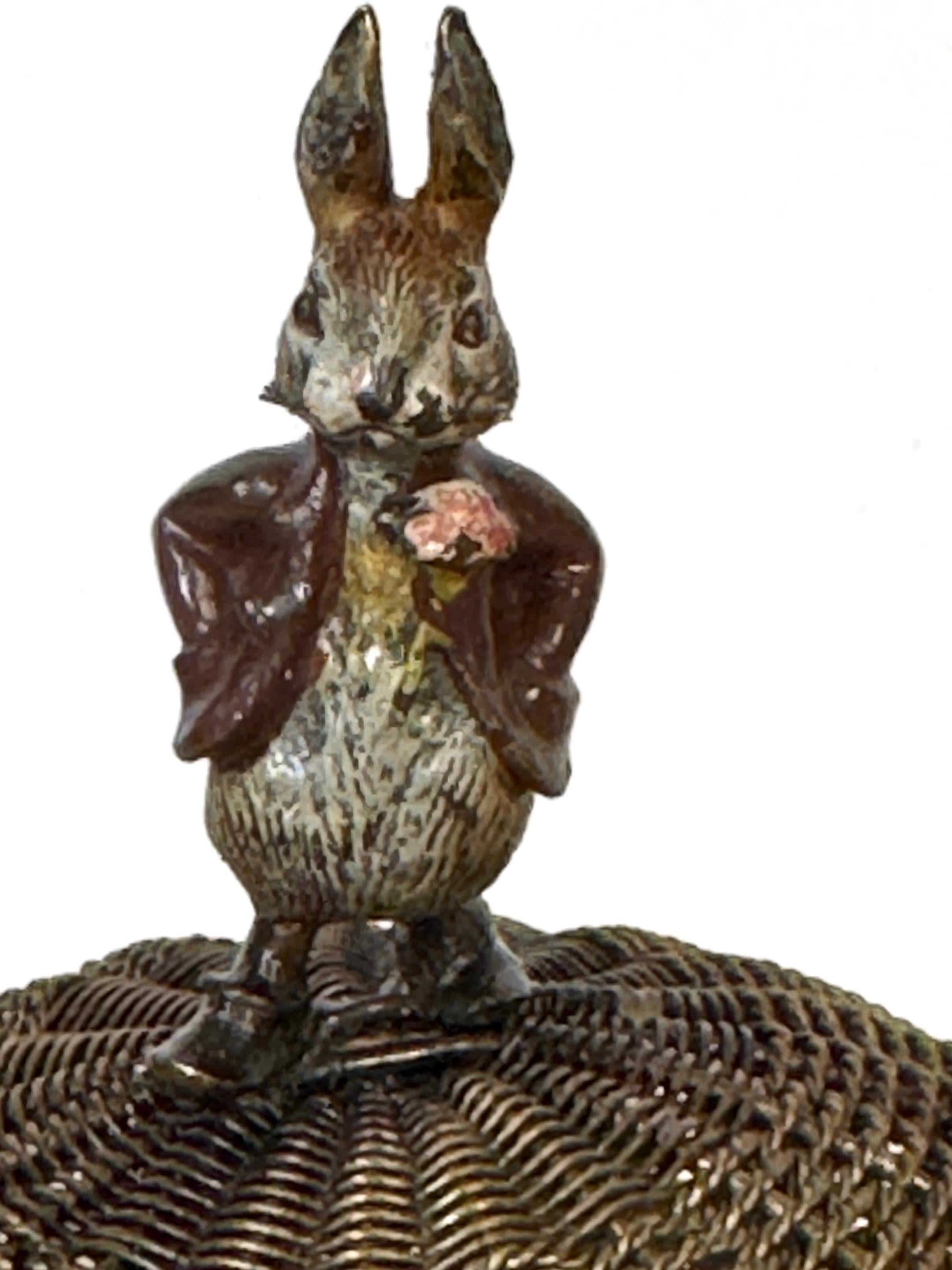 Austrian Vienna Woven Bronze Basket Box with Cold-Painted Rabbit, Attributed to Bergman For Sale