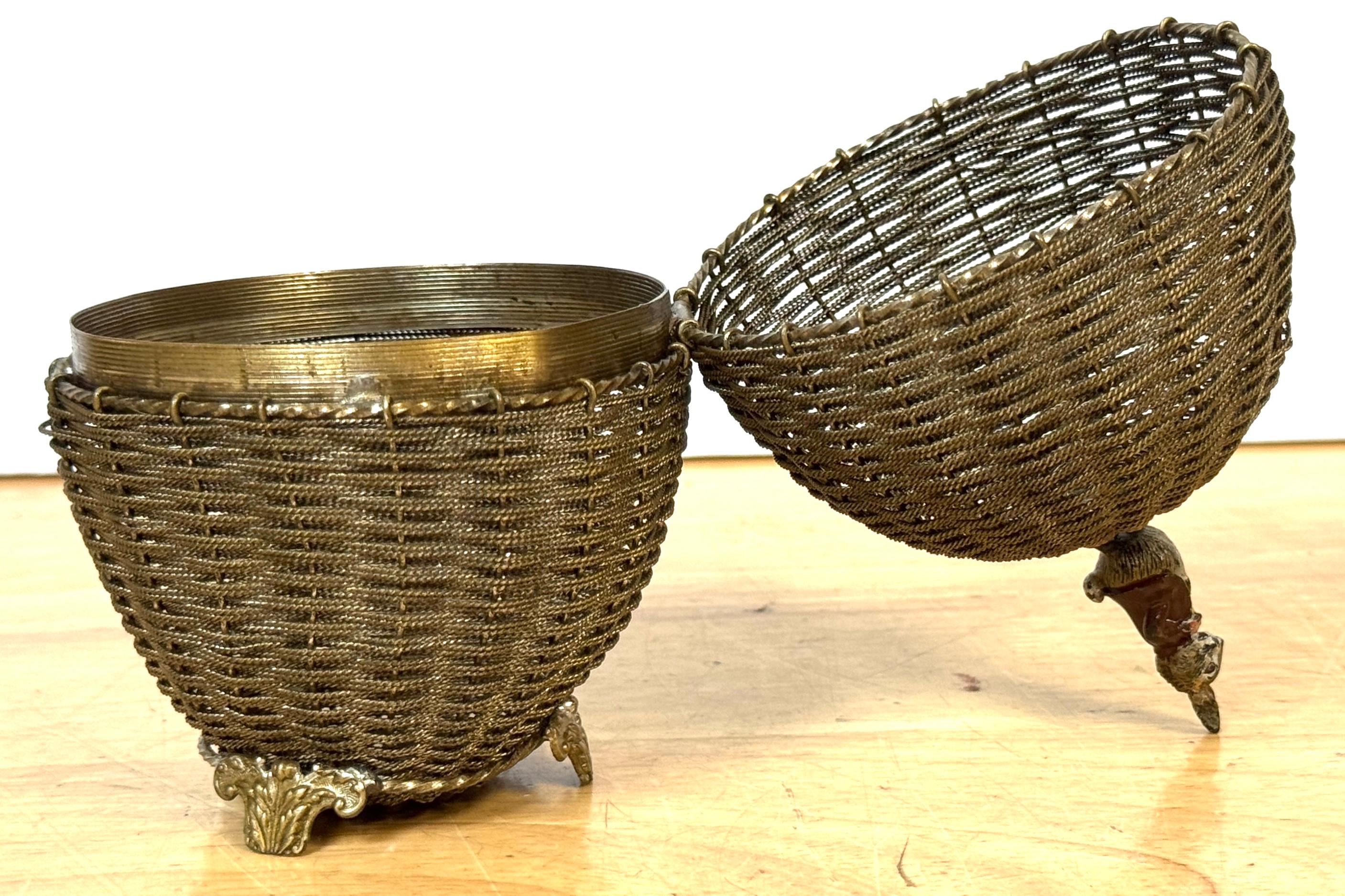 19th Century Vienna Woven Bronze Basket Box with Cold-Painted Rabbit, Attributed to Bergman For Sale