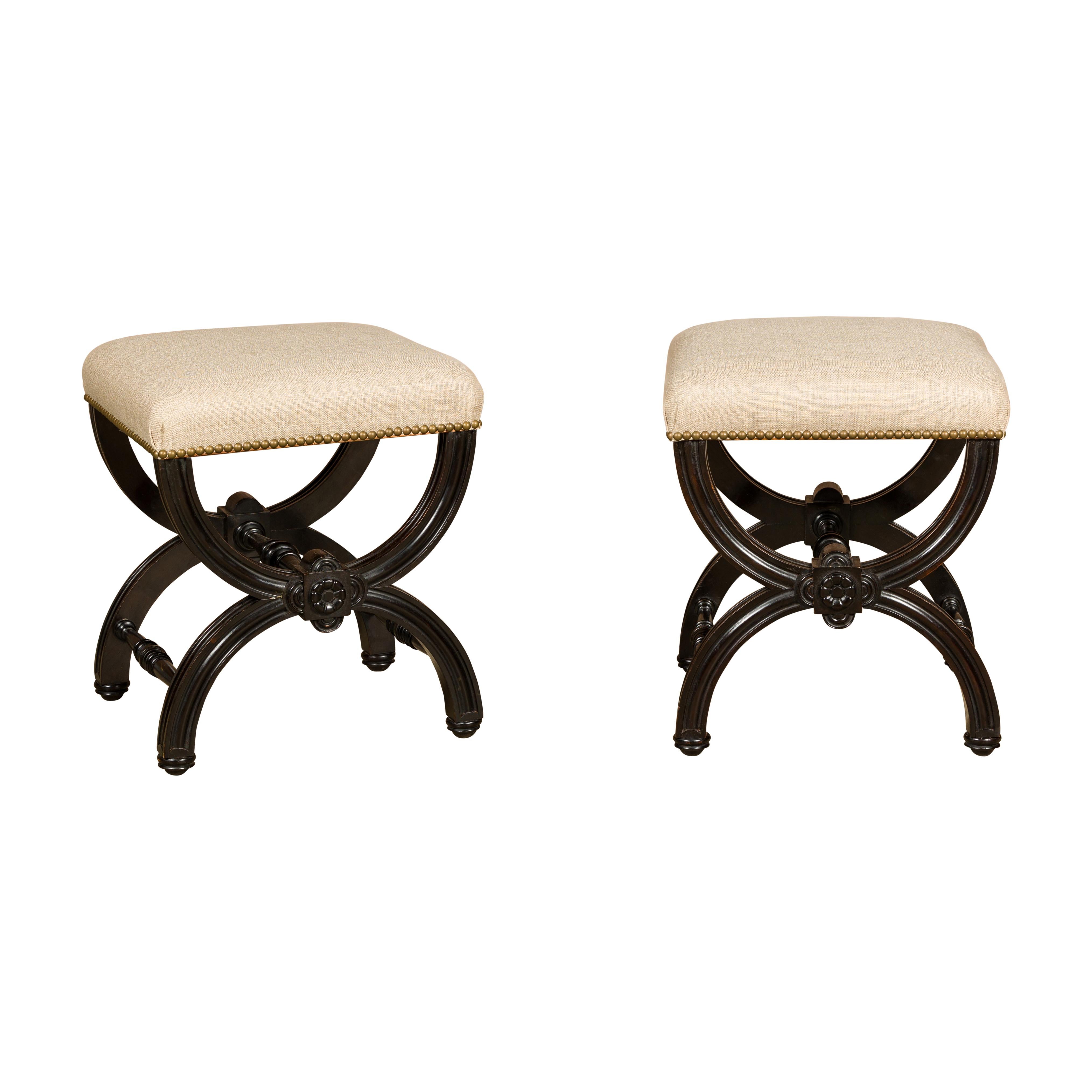 Viennese 1900s Black Stools with X-Form Bases and Custom Upholstery, a Pair For Sale 8