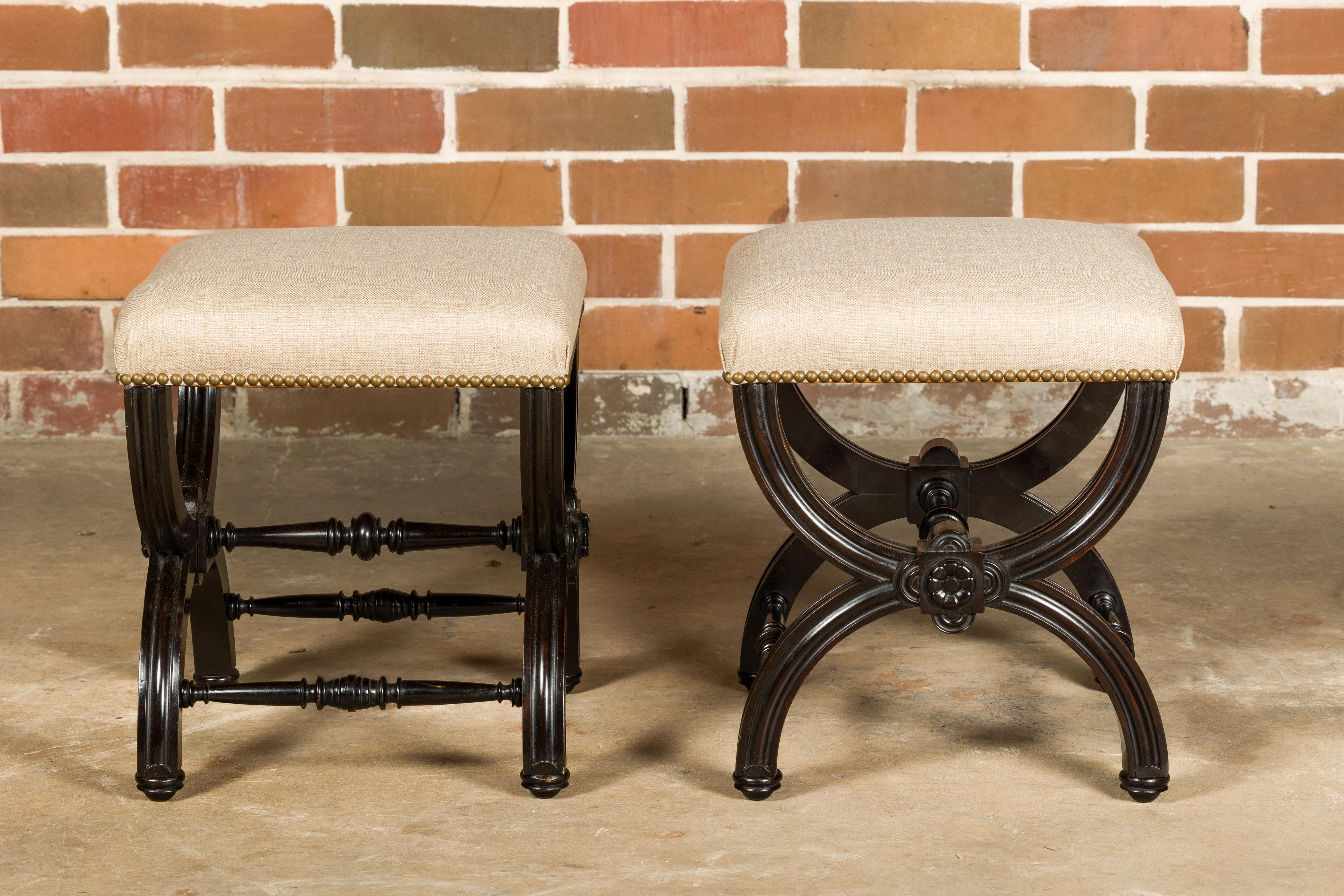 Austrian Viennese 1900s Black Stools with X-Form Bases and Custom Upholstery, a Pair For Sale