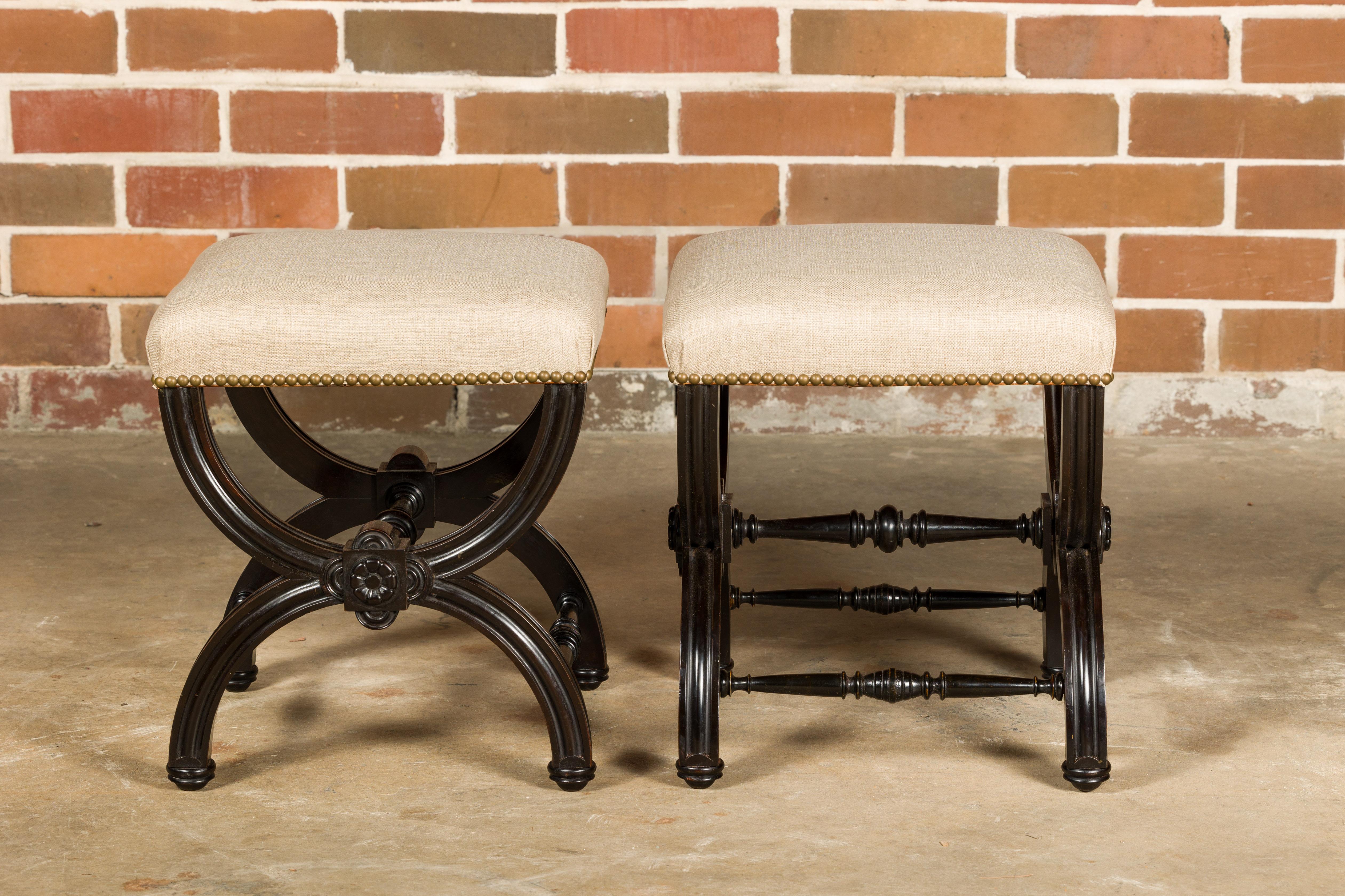 Carved Viennese 1900s Black Stools with X-Form Bases and Custom Upholstery, a Pair For Sale