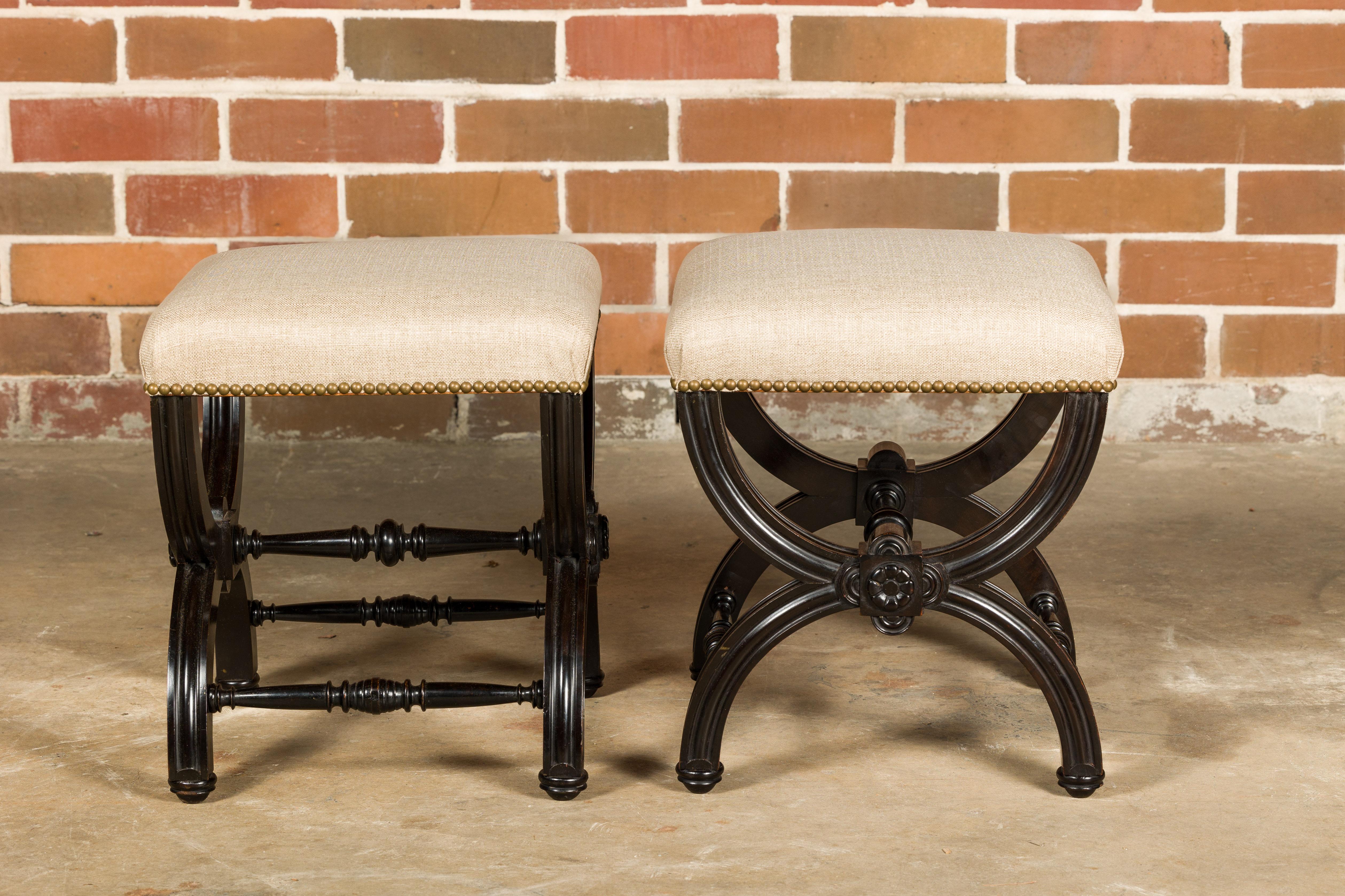 Viennese 1900s Black Stools with X-Form Bases and Custom Upholstery, a Pair In Good Condition For Sale In Atlanta, GA