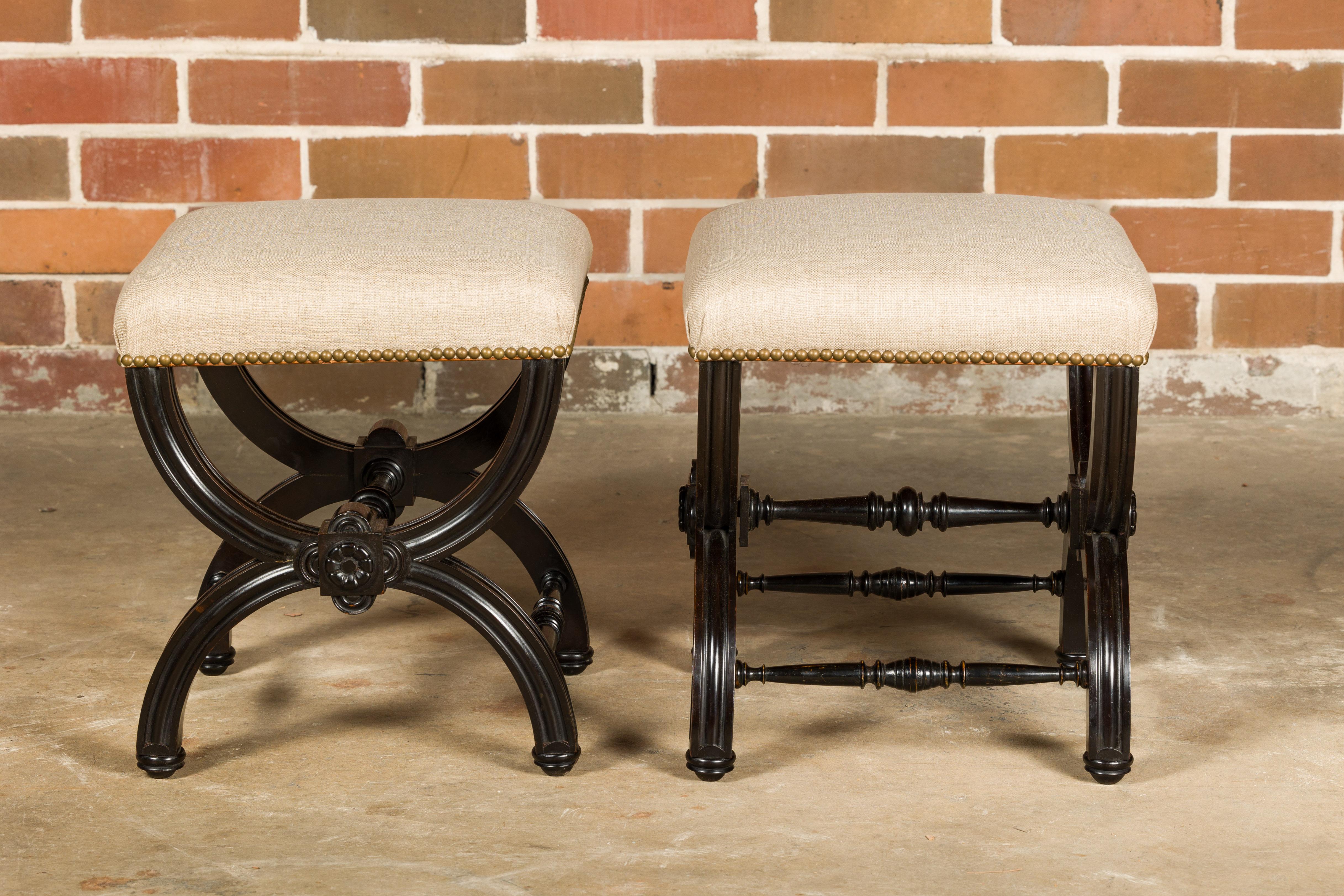 20th Century Viennese 1900s Black Stools with X-Form Bases and Custom Upholstery, a Pair For Sale