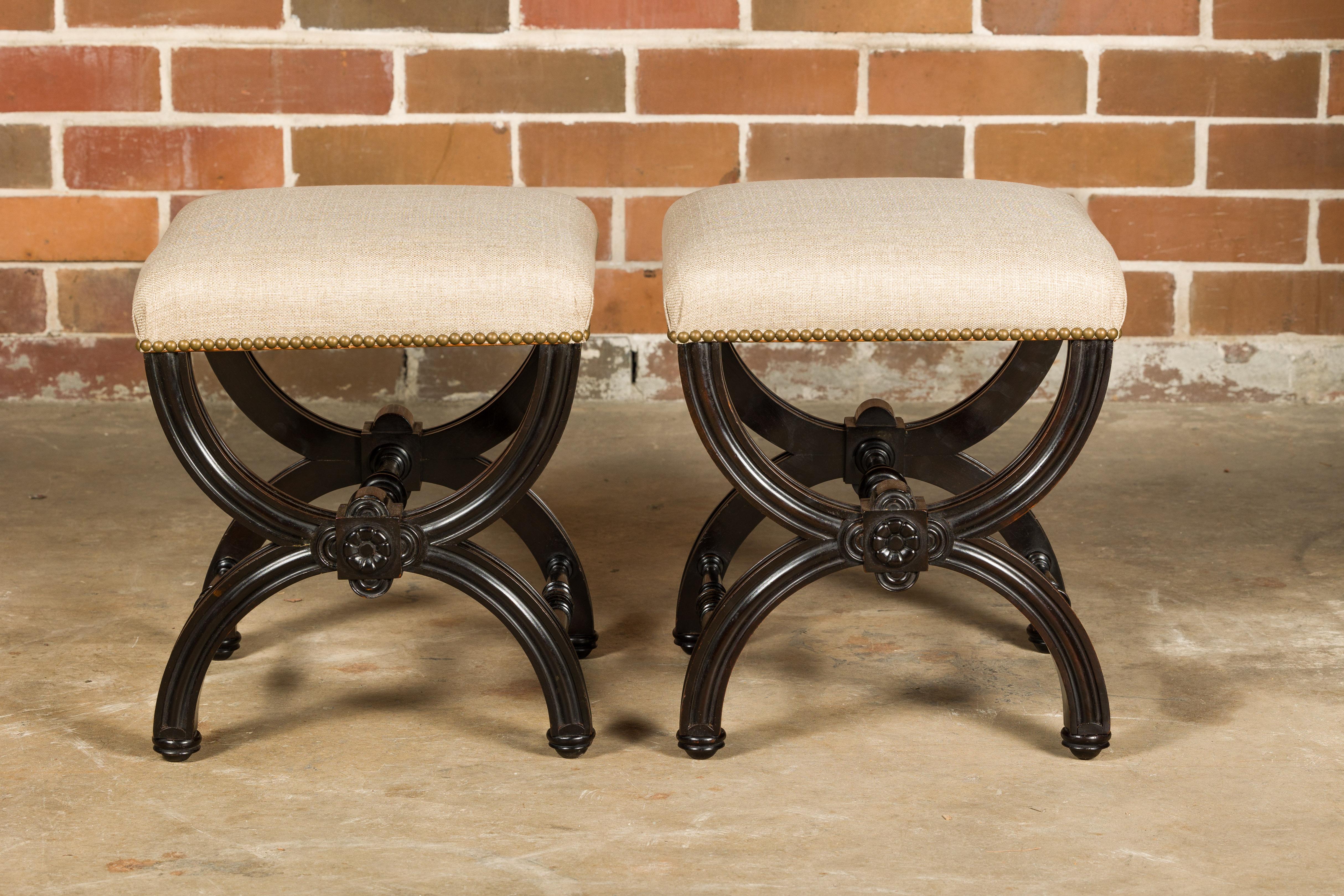Brass Viennese 1900s Black Stools with X-Form Bases and Custom Upholstery, a Pair For Sale