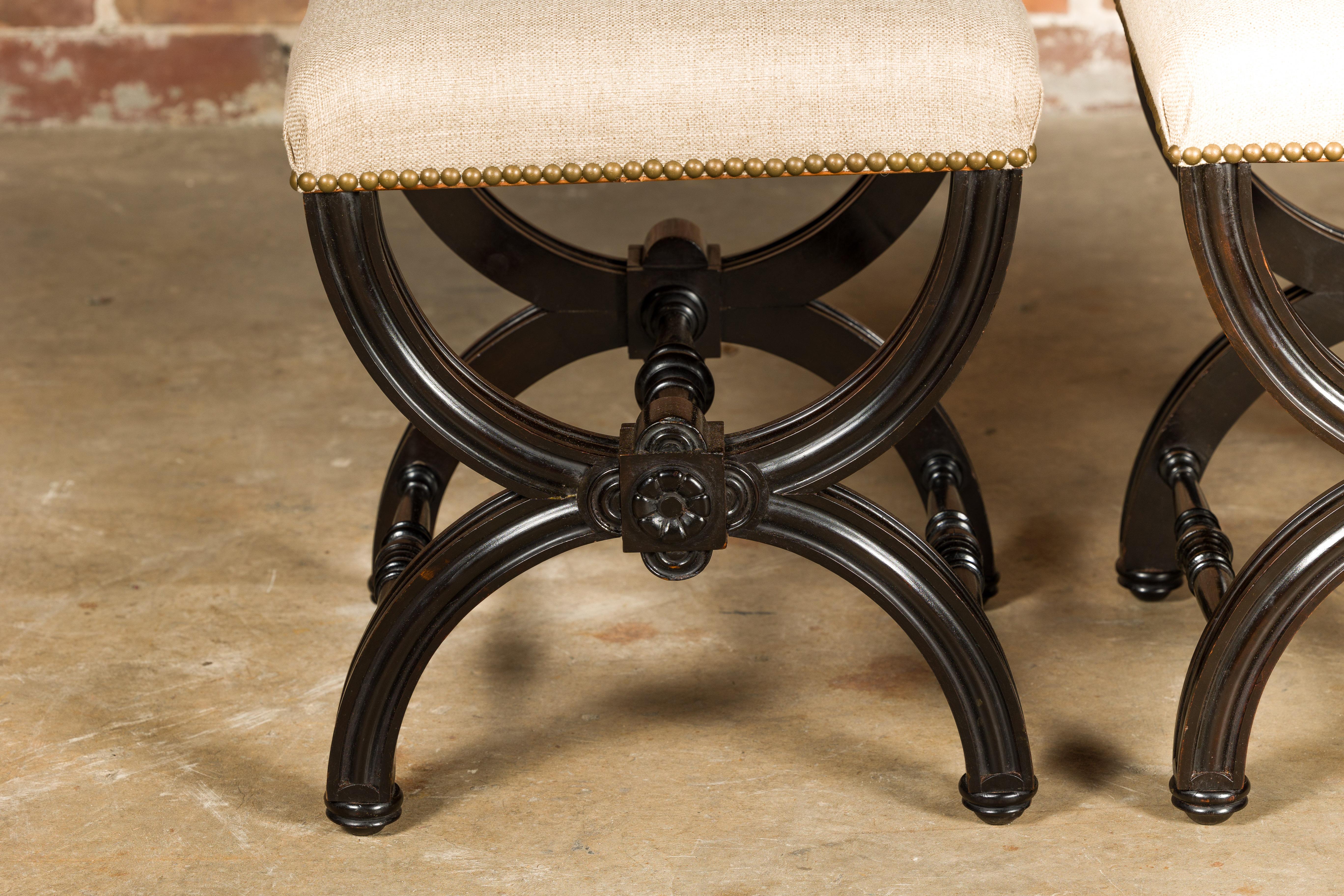 Viennese 1900s Black Stools with X-Form Bases and Custom Upholstery, a Pair For Sale 1