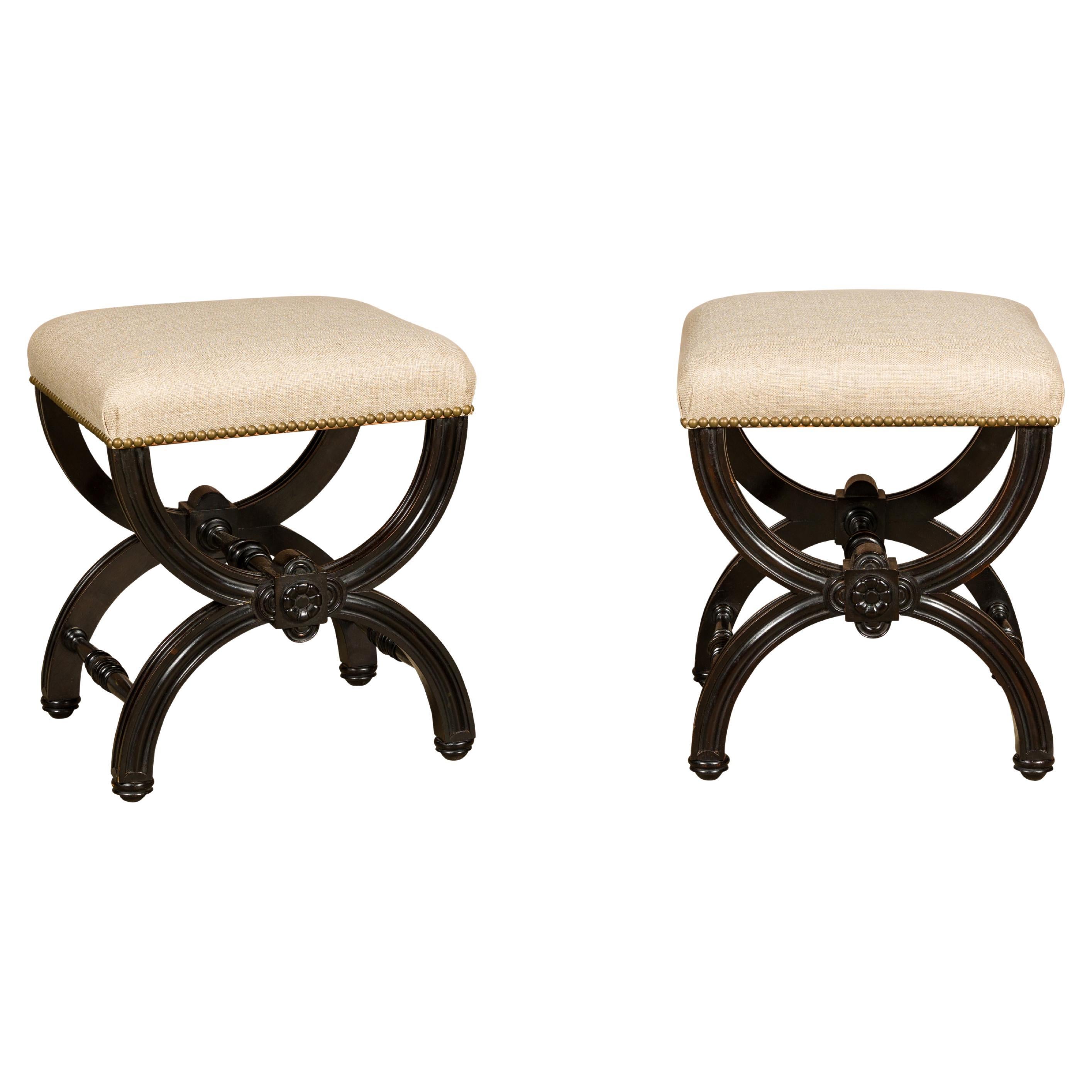 Viennese 1900s Black Stools with X-Form Bases and Custom Upholstery, a Pair For Sale