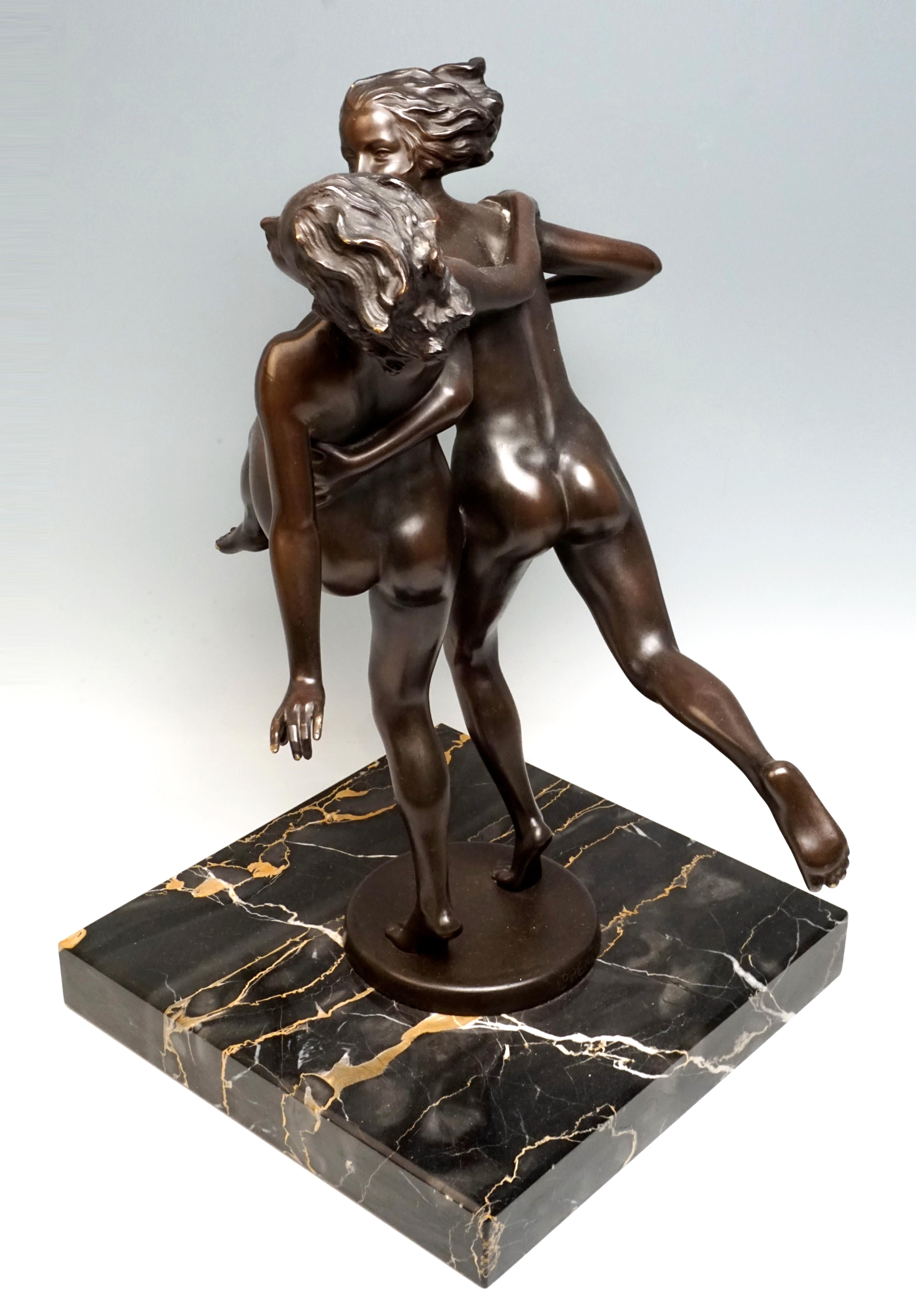 Another excellent piece of Viennese bronze art

Two unclothed young dancers embrace each other at the hips and shoulders and dance exuberantly, one girl inclined slightly backwards, the left leg raised forward, the other girl slightly inclined