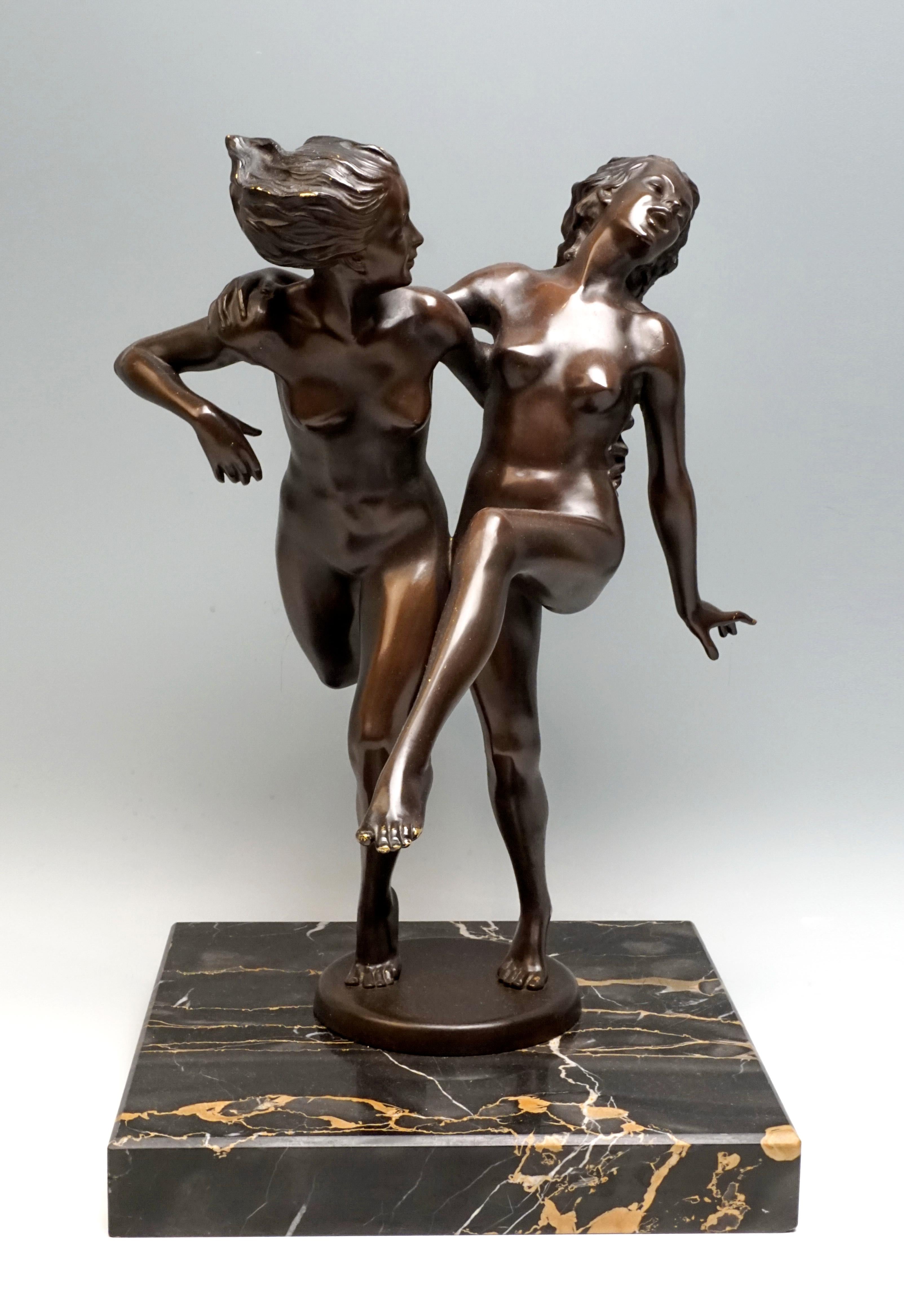 Hand-Carved Viennese Art Deco Bronze Group, Dancing Girls by Josef Lorenzl, circa 1920