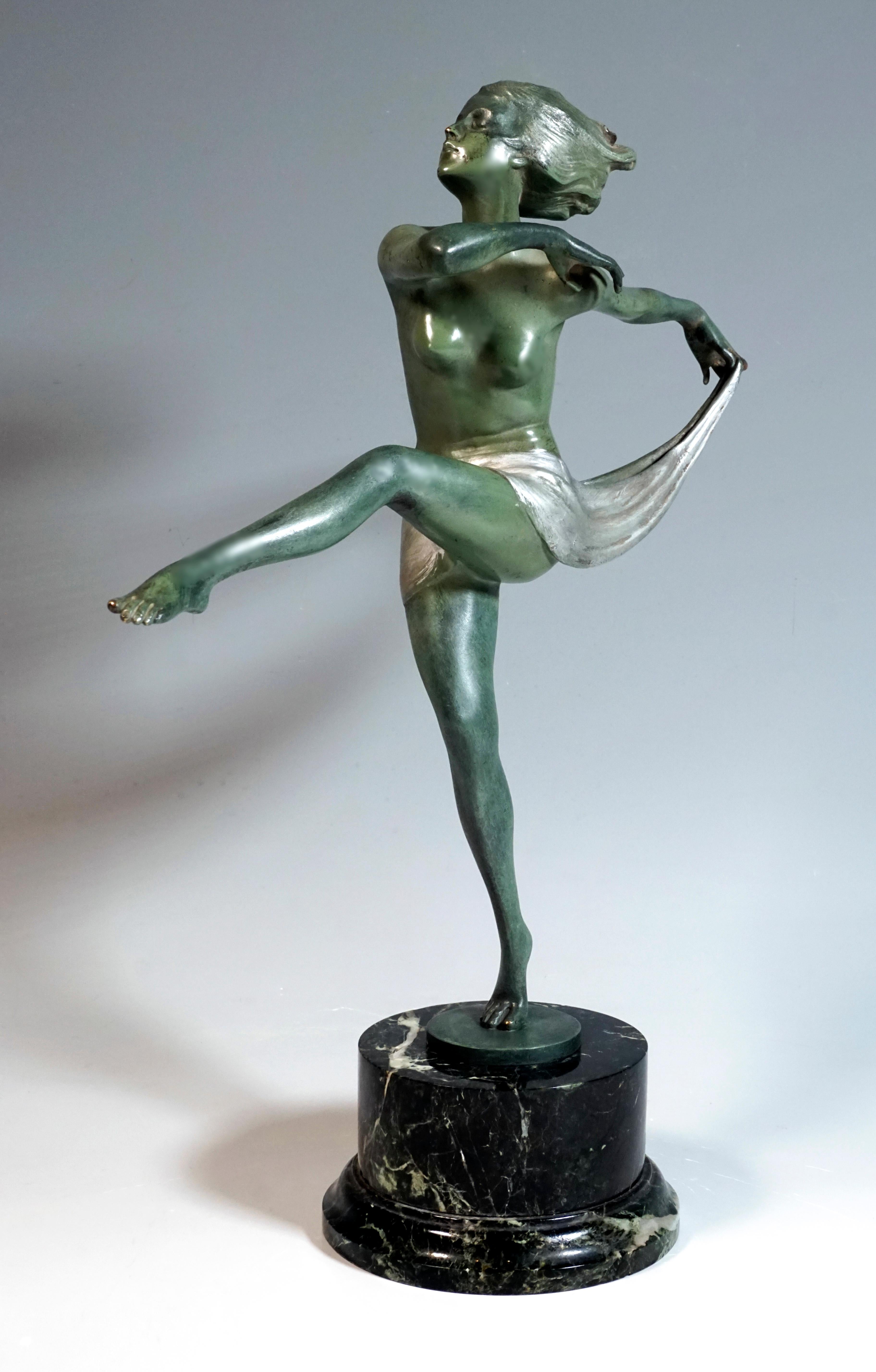 Wiener Jugendstil-Tänzer aus Bronze auf Marmorsockel von Josef Lorenzl, um 1920 (Handgeschnitzt)