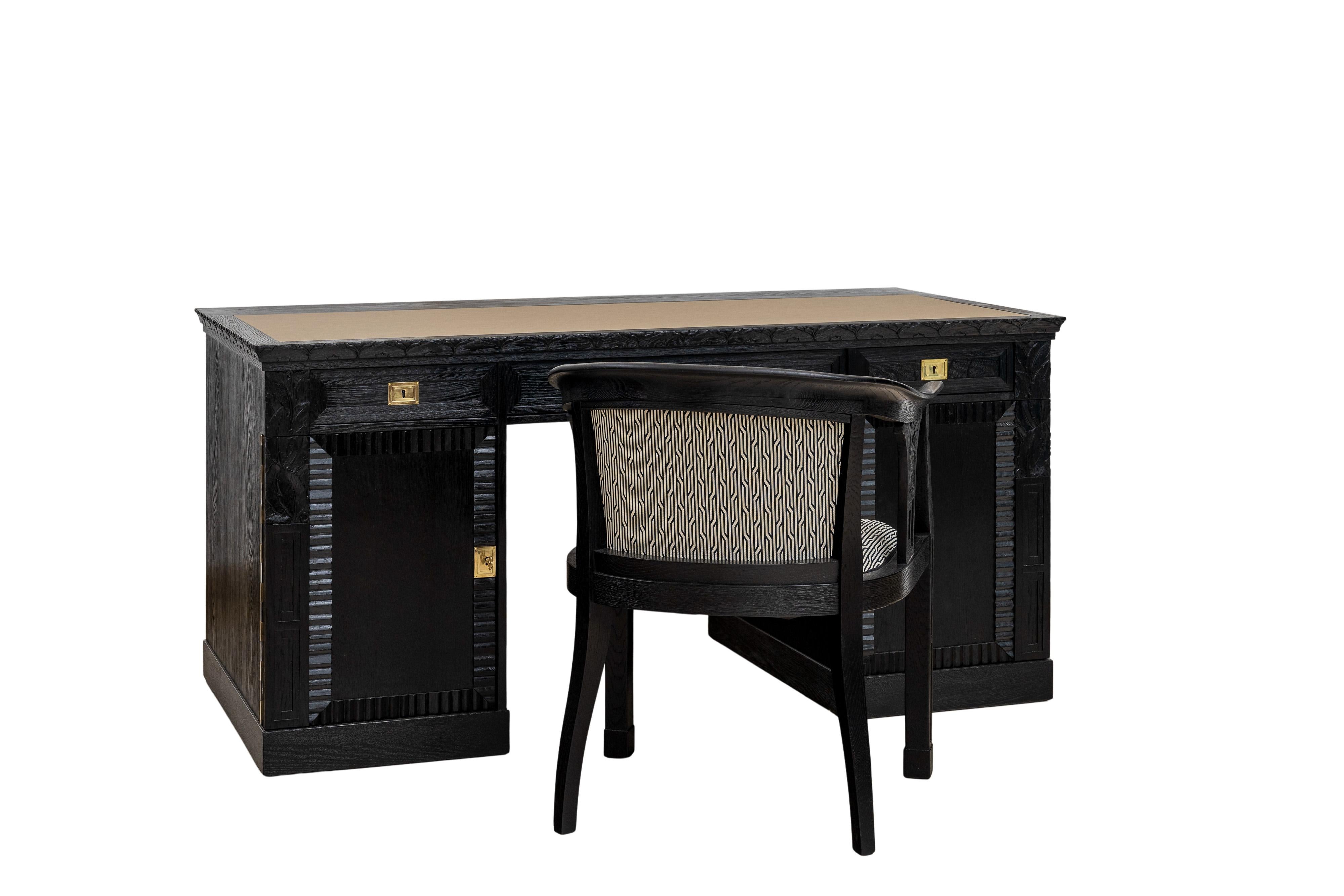 technique: 
desk: spruce body, swamp oak veneer, stained black and semi-matt polished; chair: solid swamp oak, stained black and semi-matt polished; new fabric upholstery

original key, marked 