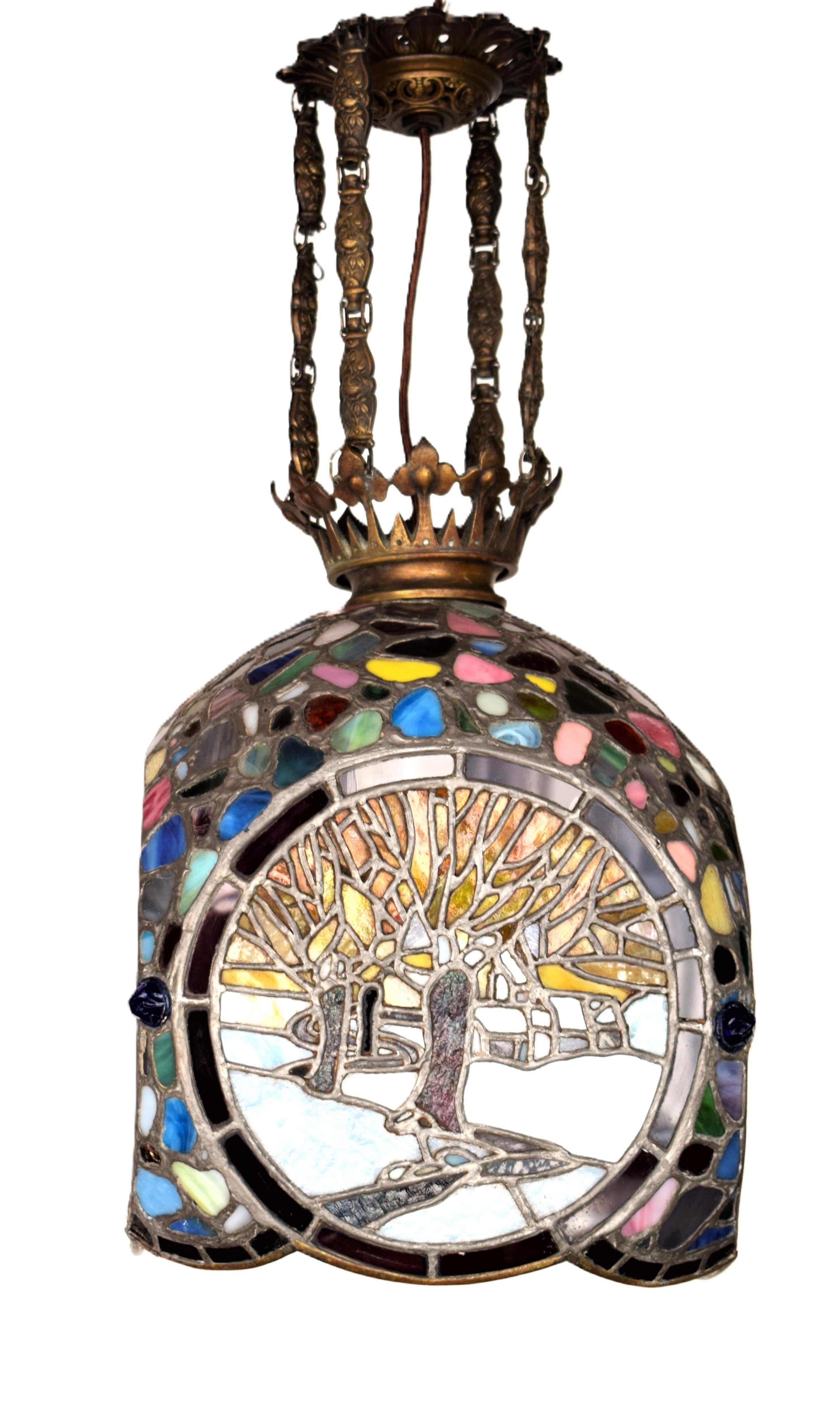 Lampada da soffitto in vetro piombato in stile Art Nouveau viennese; 4 stagioni in vendita 1