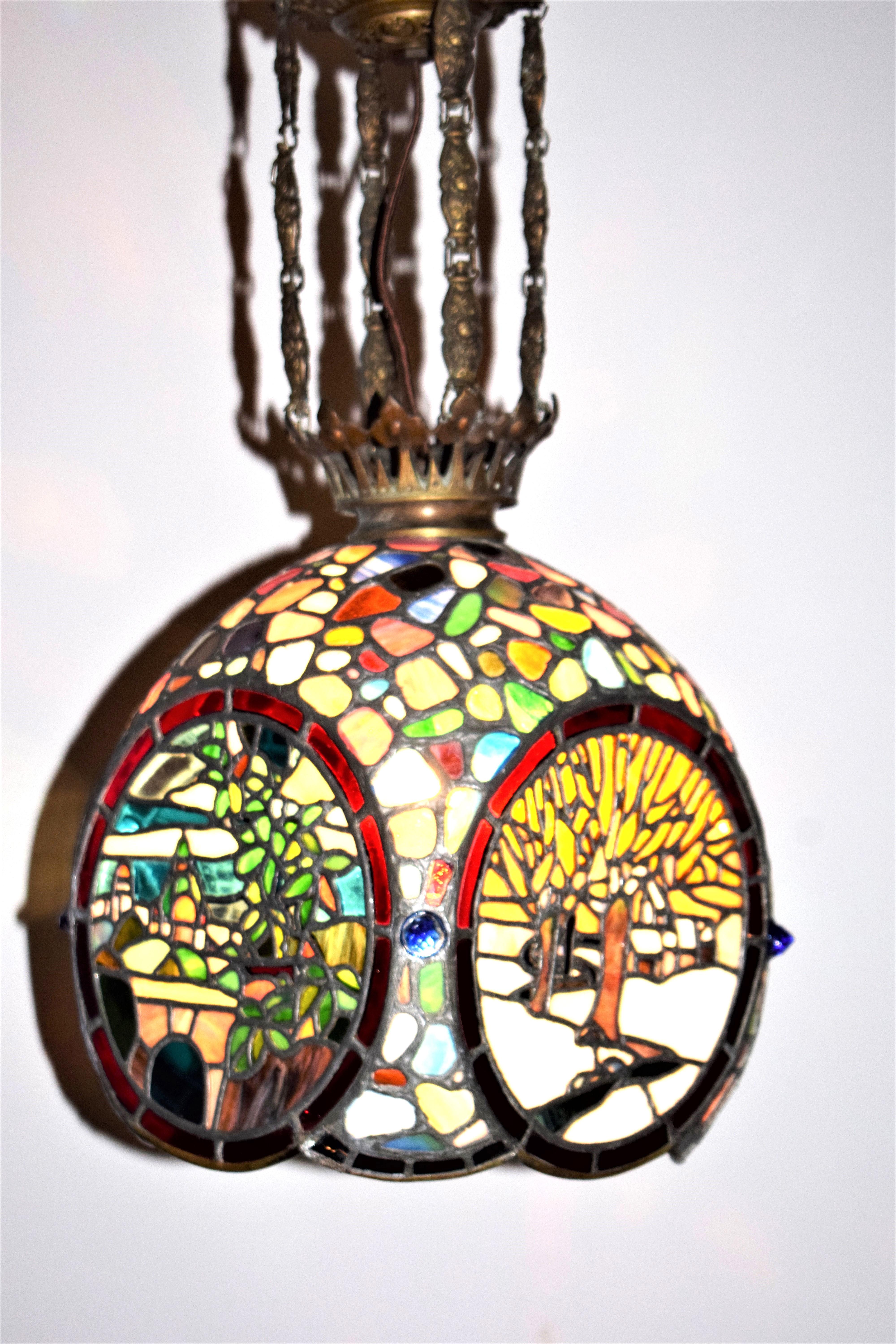 Lampada da soffitto in vetro piombato in stile Art Nouveau viennese; 4 stagioni in vendita 2