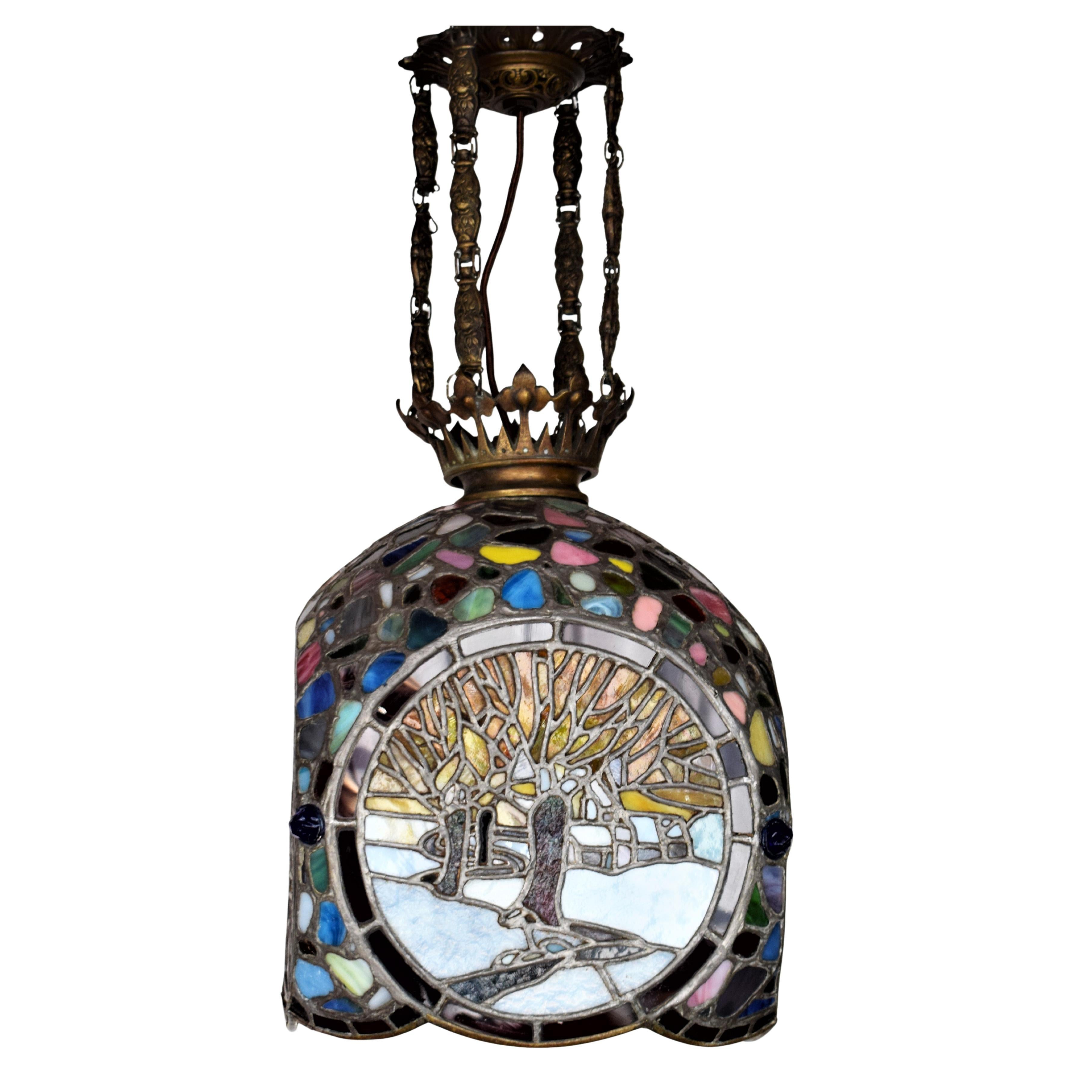 Lampada da soffitto in vetro piombato in stile Art Nouveau viennese; 4 stagioni in vendita