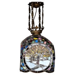 Antique Viennese Art Nouveau leaded glass ceiling lamp; 4 seasons