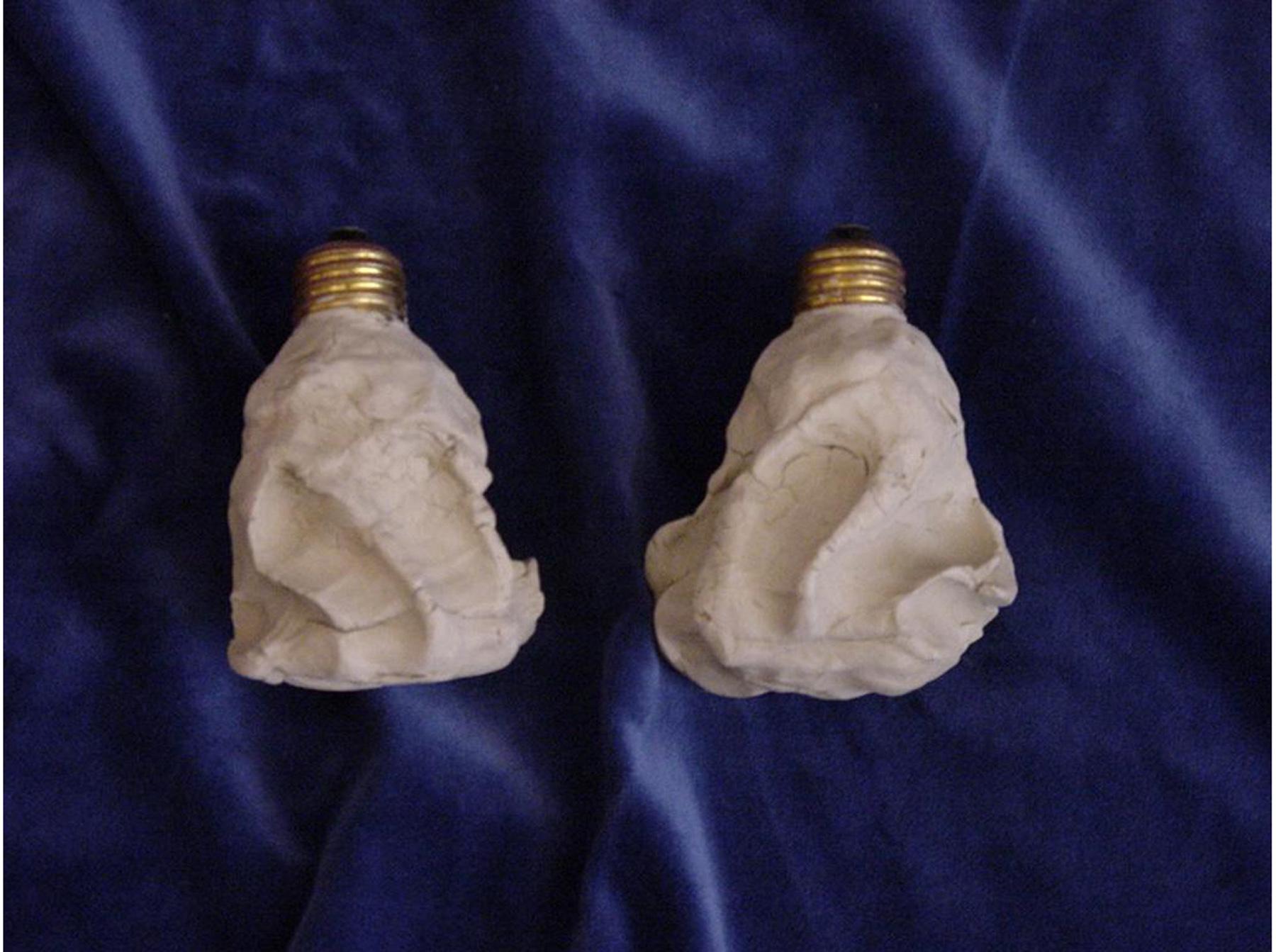 Light, invalidated, two bulbs covered with clay and formed by the artists hands. If one measures the energy flow, one will know that the light is on. One Image shows the director of the MAK Peter Noever, at a presentation at the Museum of applied