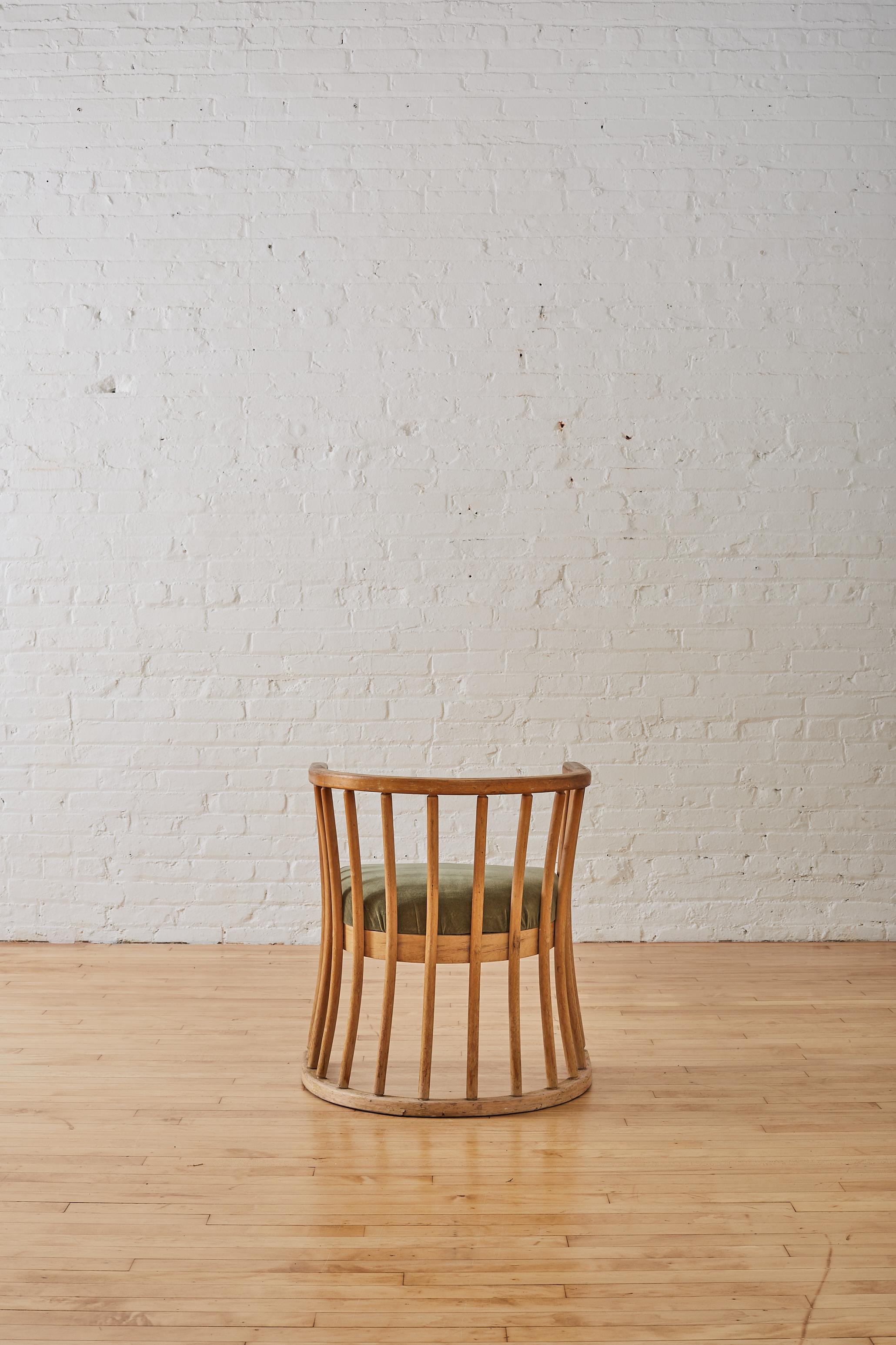 20th Century Viennese Barrel Chair in upholstered in Moss Green Velvet For Sale