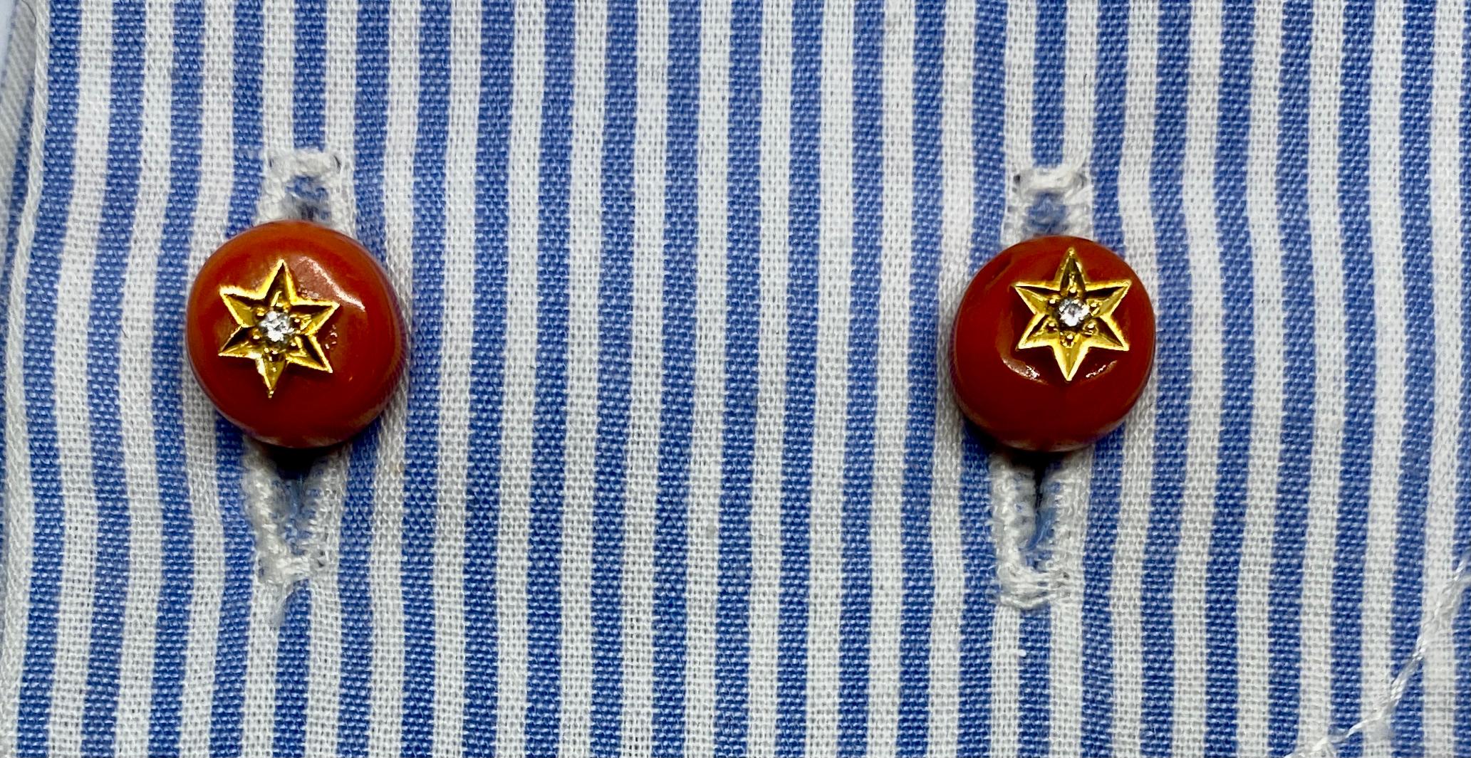 Women's or Men's Viennese Belle Epoque Coral Cufflinks in Yellow Gold with Diamonds For Sale