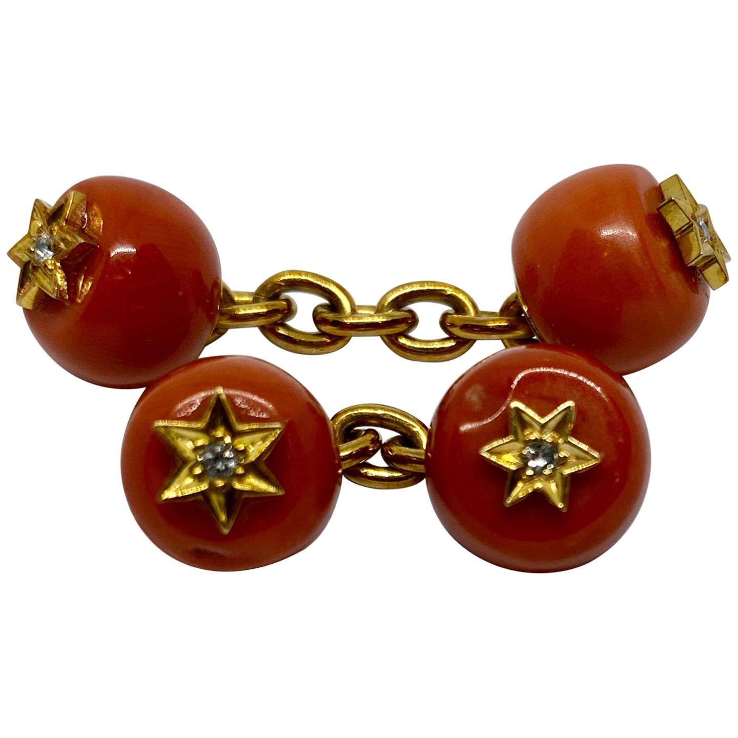 Viennese Belle Epoque Coral Cufflinks in Yellow Gold with Diamonds
