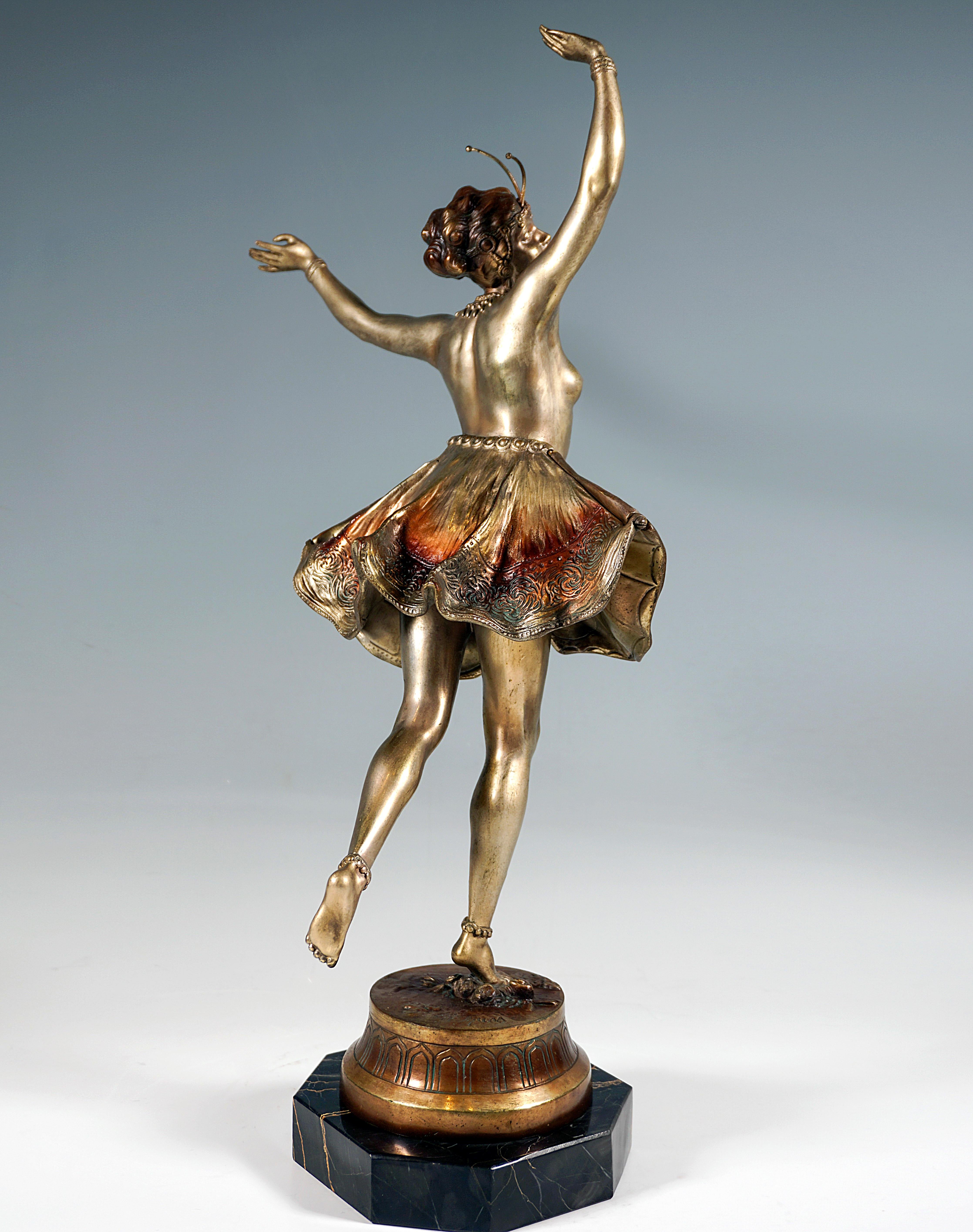 Austrian Viennese Bronze, Butterfly Dancer on Marble Base, by Richard Thuss, Around 1920