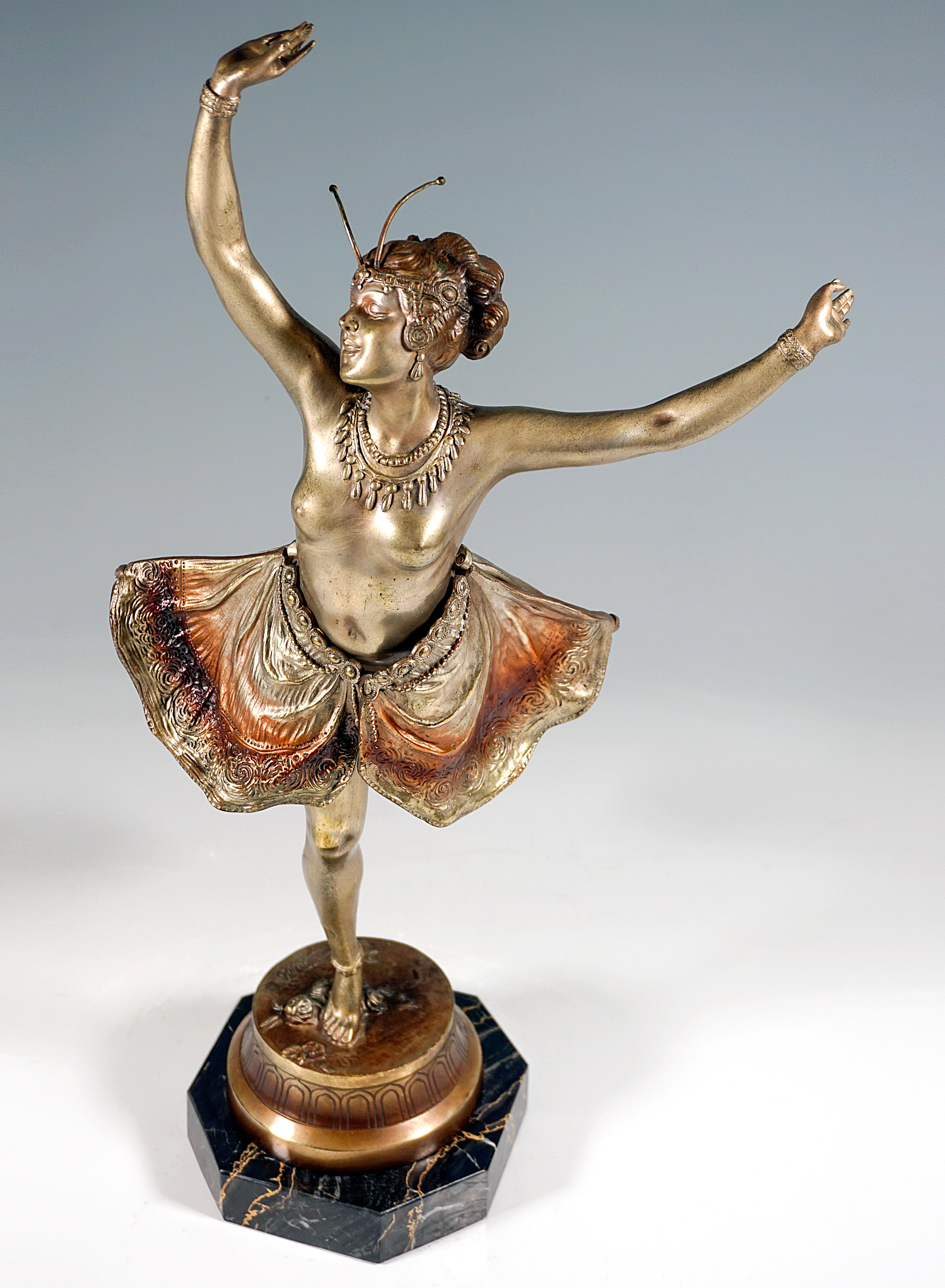Cold-Painted Viennese Bronze, Butterfly Dancer on Marble Base, by Richard Thuss, Around 1920