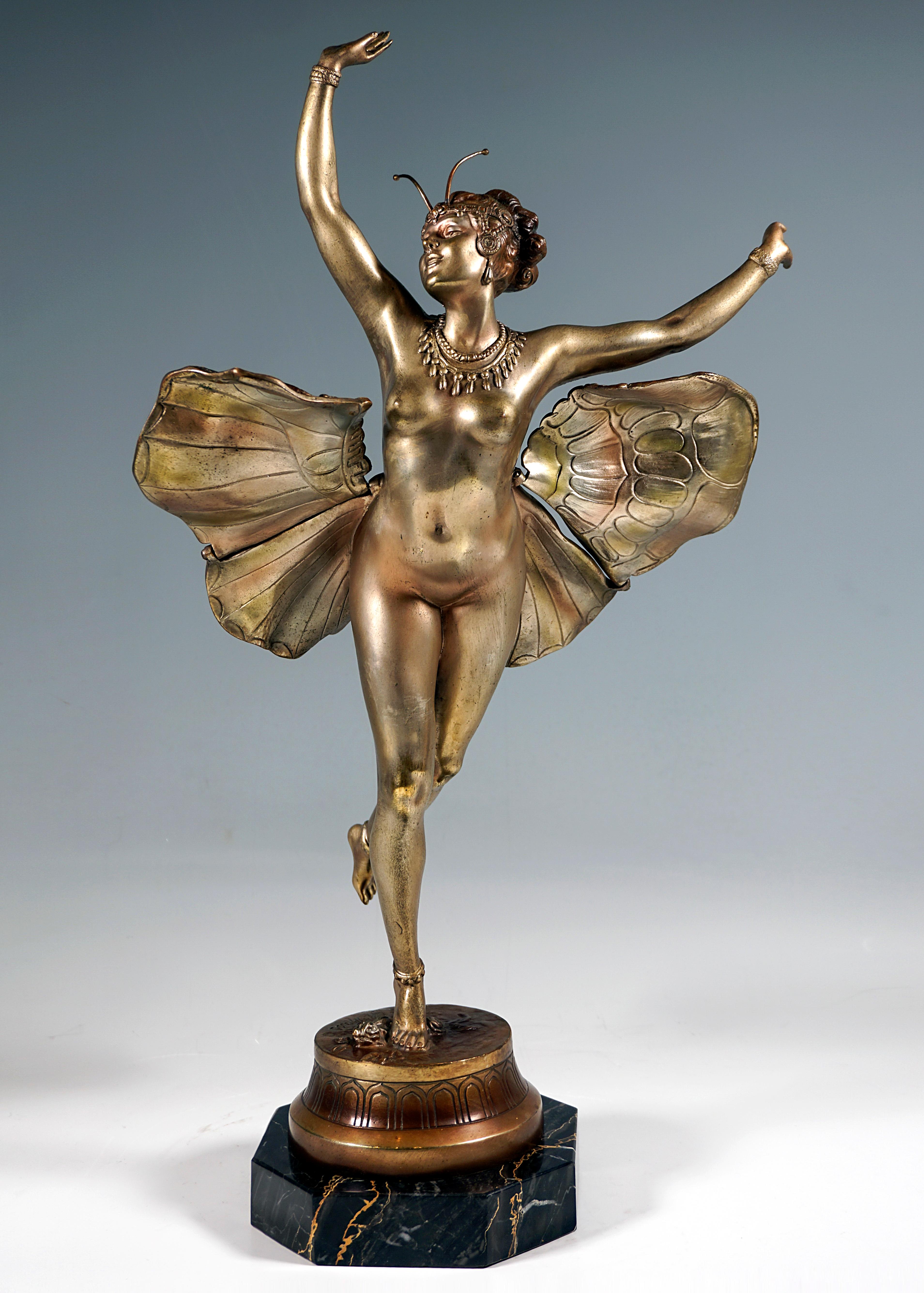 Viennese Bronze, Butterfly Dancer on Marble Base, by Richard Thuss, Around 1920 In Good Condition In Vienna, AT