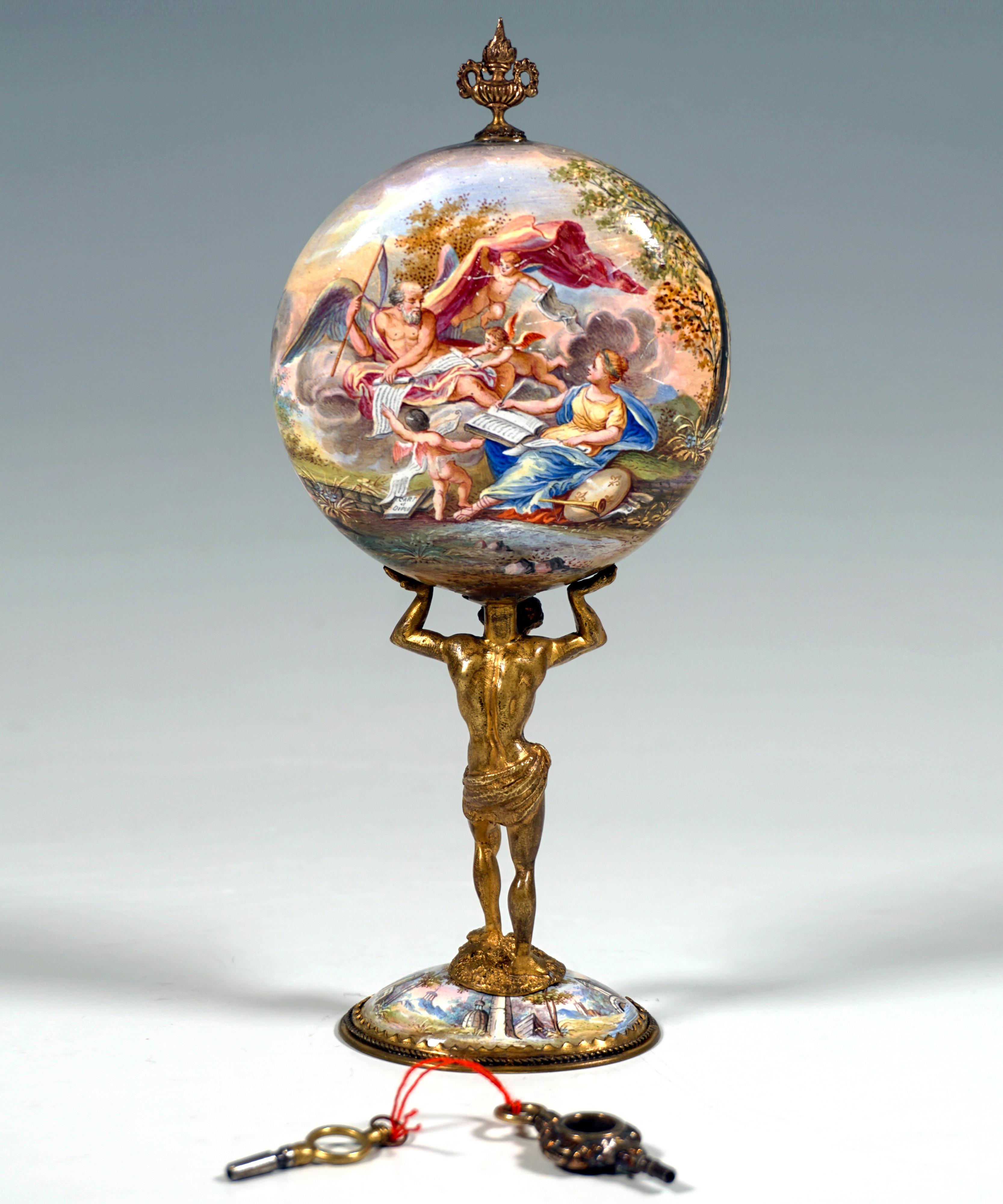 Austriaco Viennese Bronze Enamel Table Clock With Atlas Carrying The Case, Circa 1880 in vendita