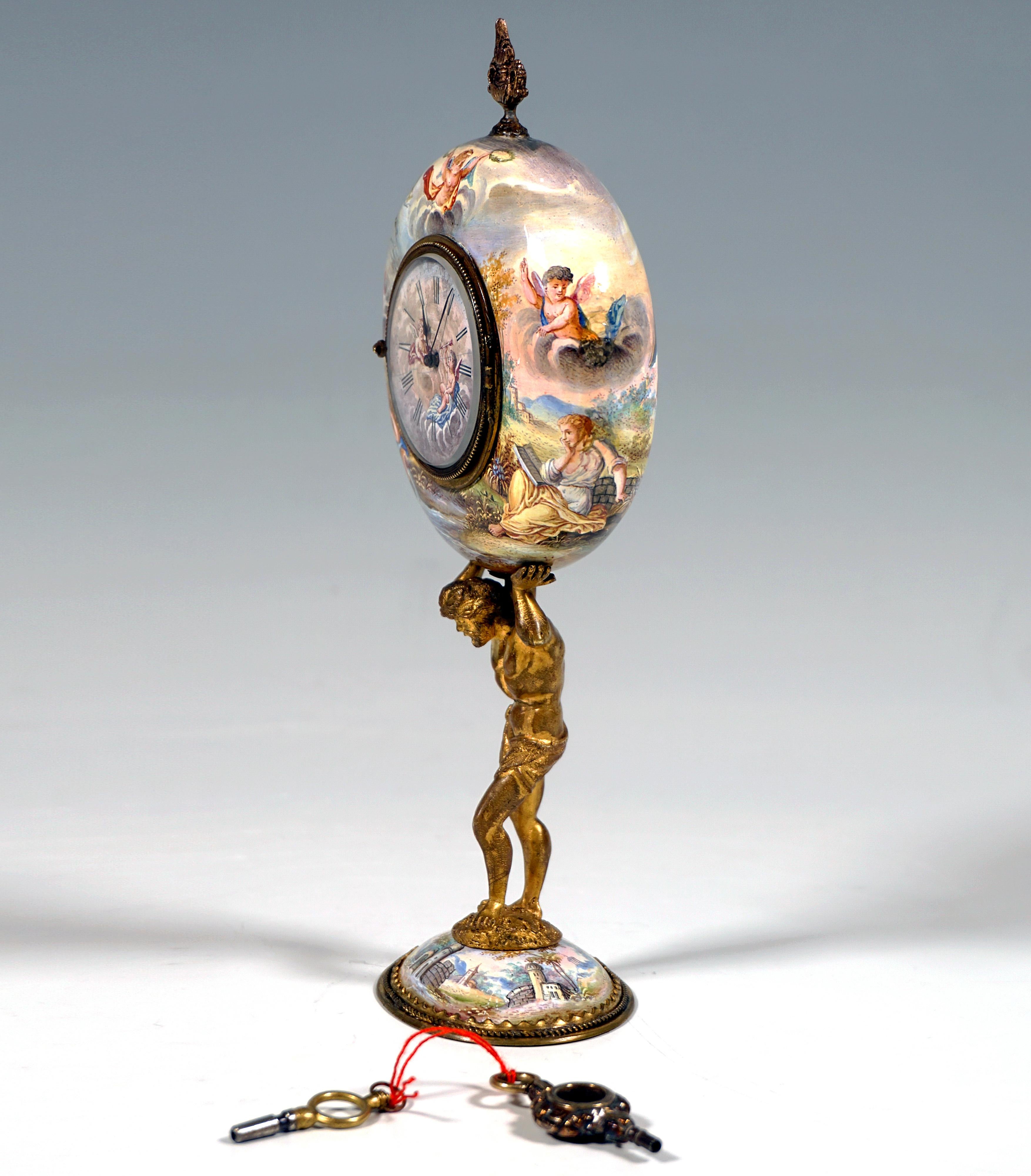 Fatto a mano Viennese Bronze Enamel Table Clock With Atlas Carrying The Case, Circa 1880 in vendita