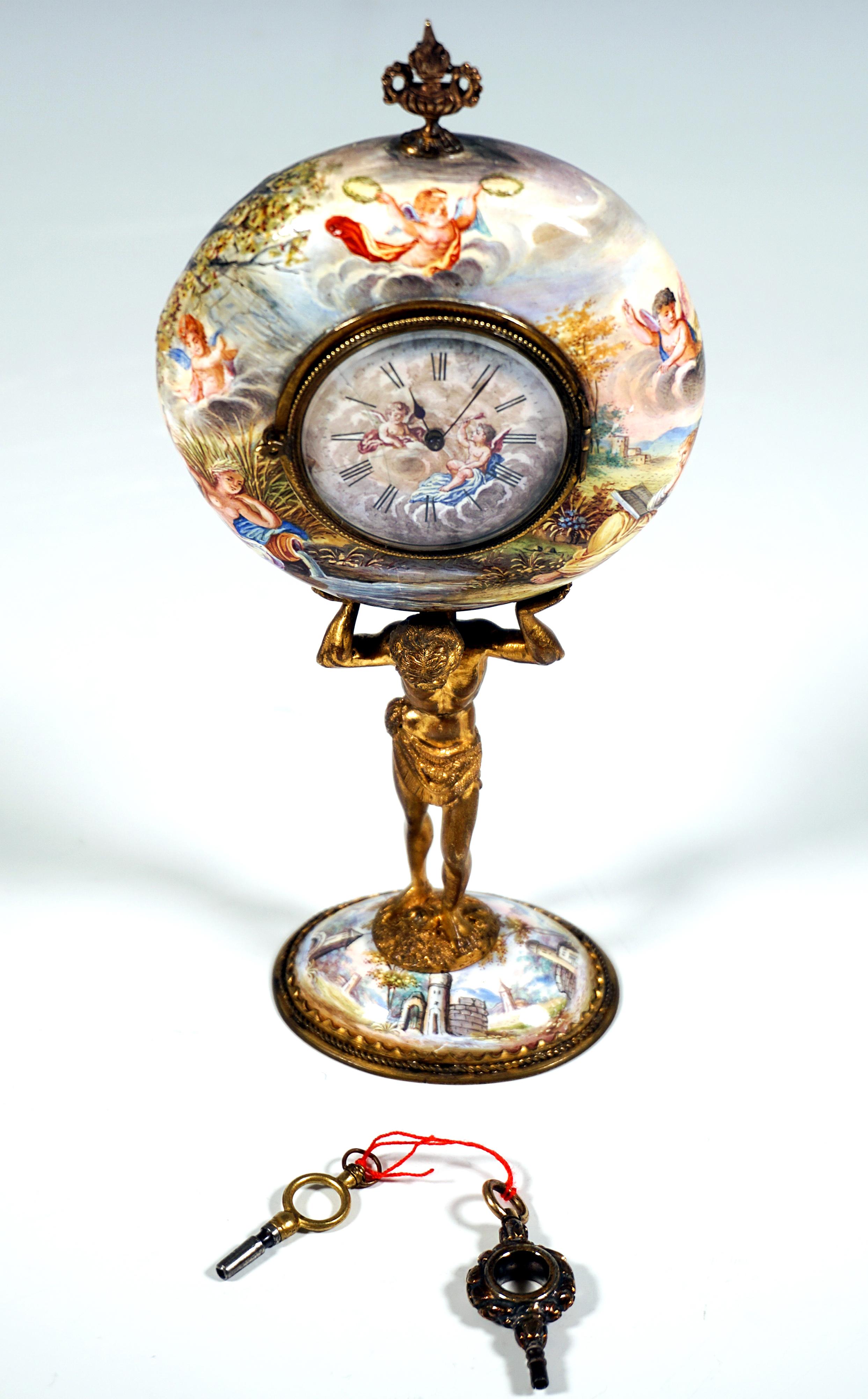Viennese Bronze Enamel Table Clock With Atlas Carrying The Case, Circa 1880 In condizioni buone in vendita a Vienna, AT