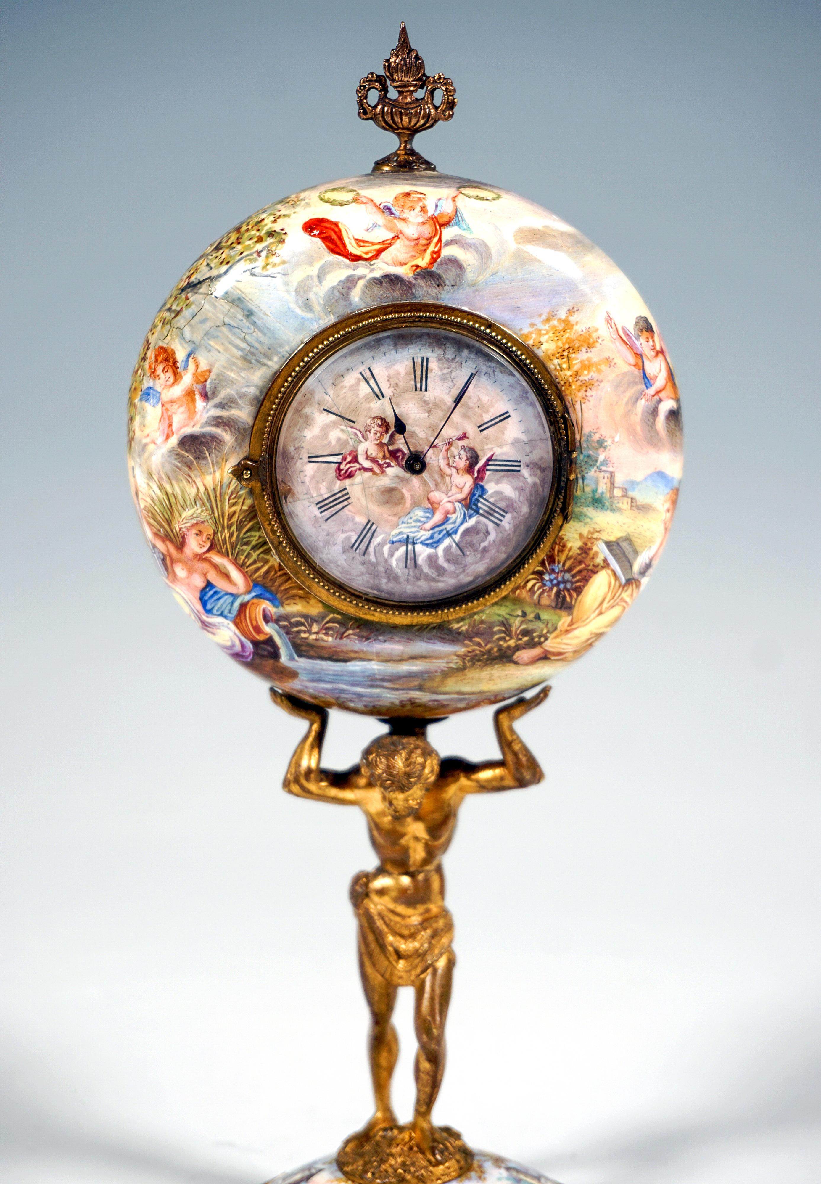 Fine XIX secolo Viennese Bronze Enamel Table Clock With Atlas Carrying The Case, Circa 1880 in vendita