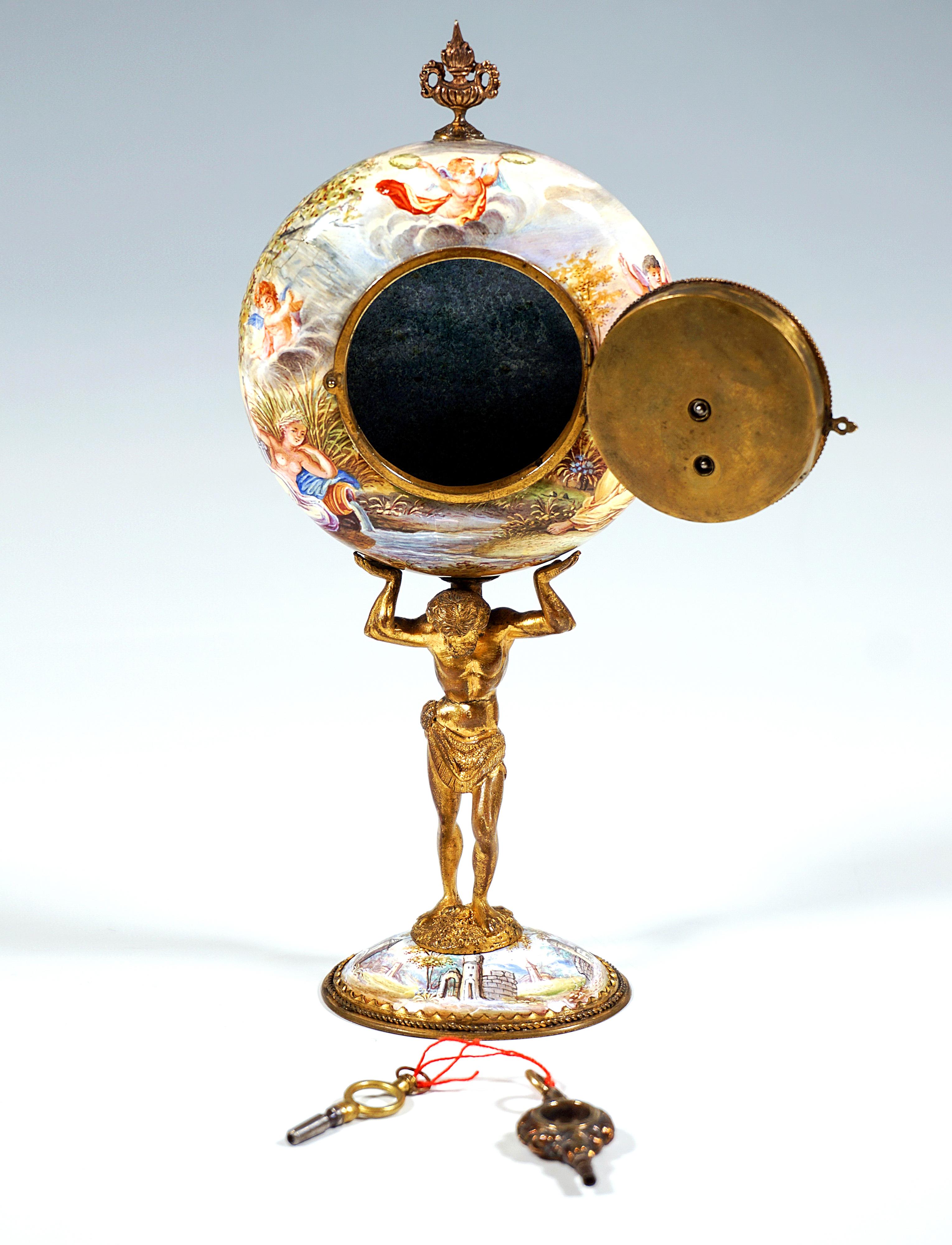 Smalto Viennese Bronze Enamel Table Clock With Atlas Carrying The Case, Circa 1880 in vendita