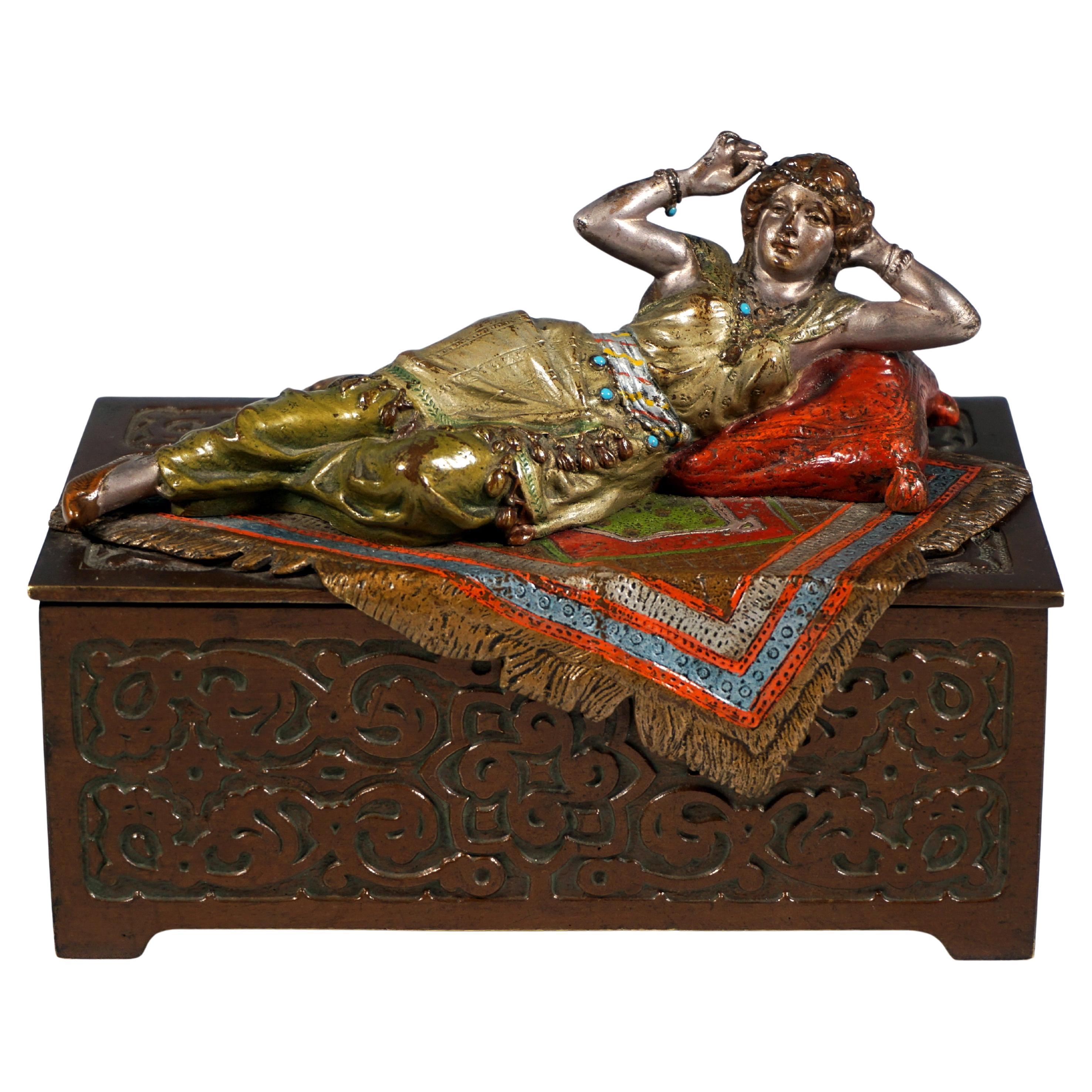 Viennese Bronze, Oriental Beauty On Casket, By F.X. Bergmann, Around 1910