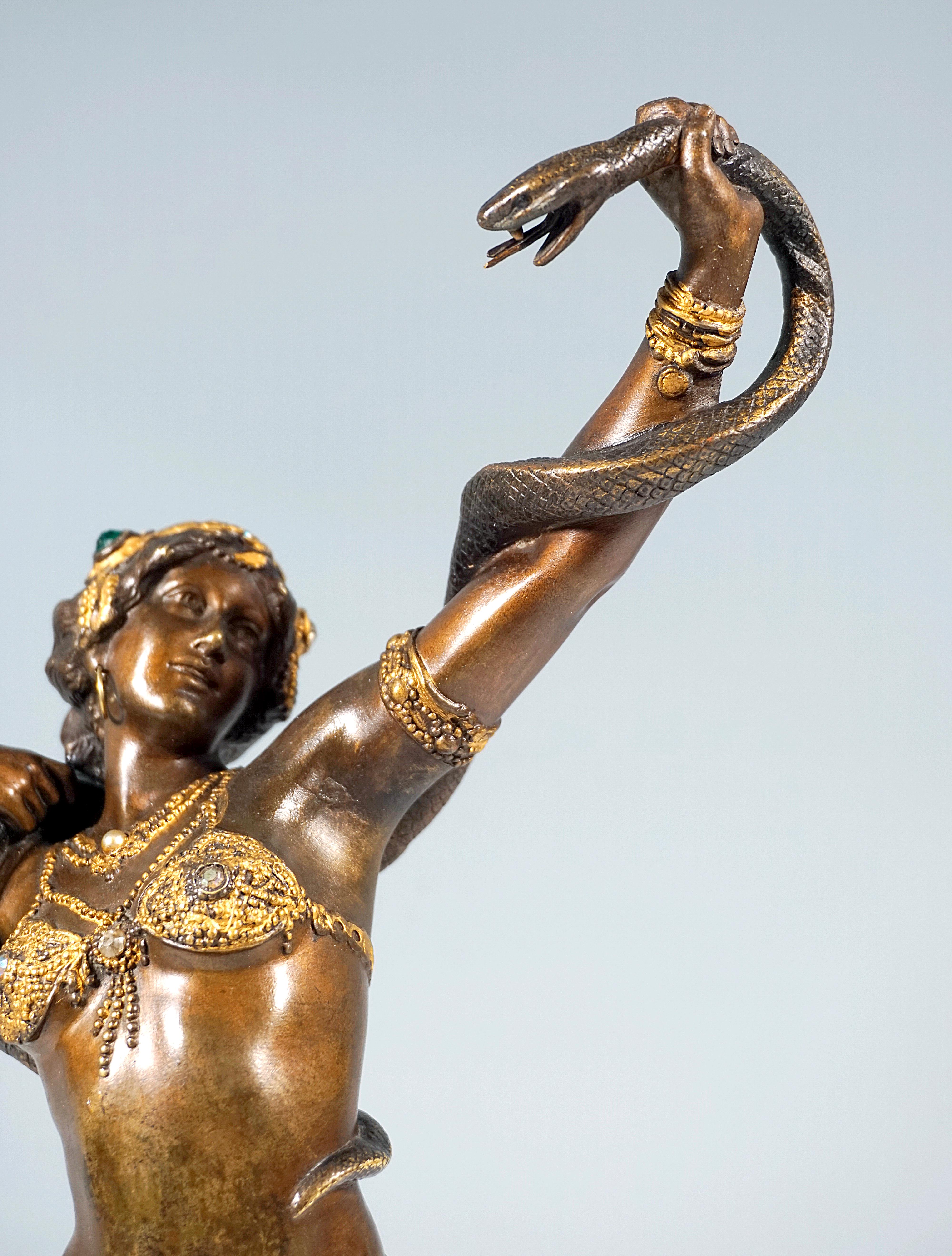 Cold-Painted Viennese Bronze, Snake Dancer on Marble Base, by Franz Bergmann, Around 1910 For Sale