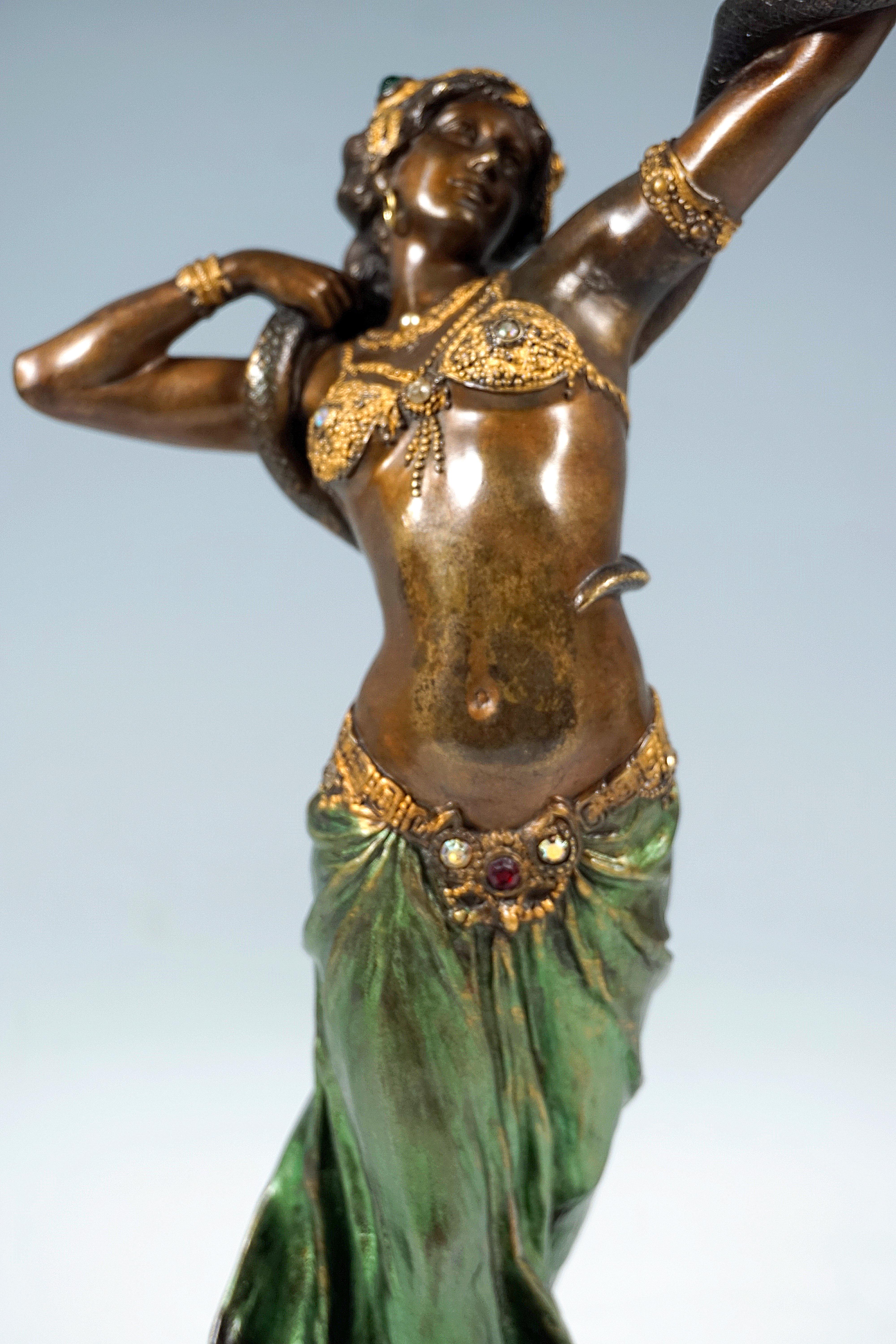 Cold-Painted Viennese Bronze, Snake Dancer on Marble Base, by Franz Bergmann, Around 1910 For Sale