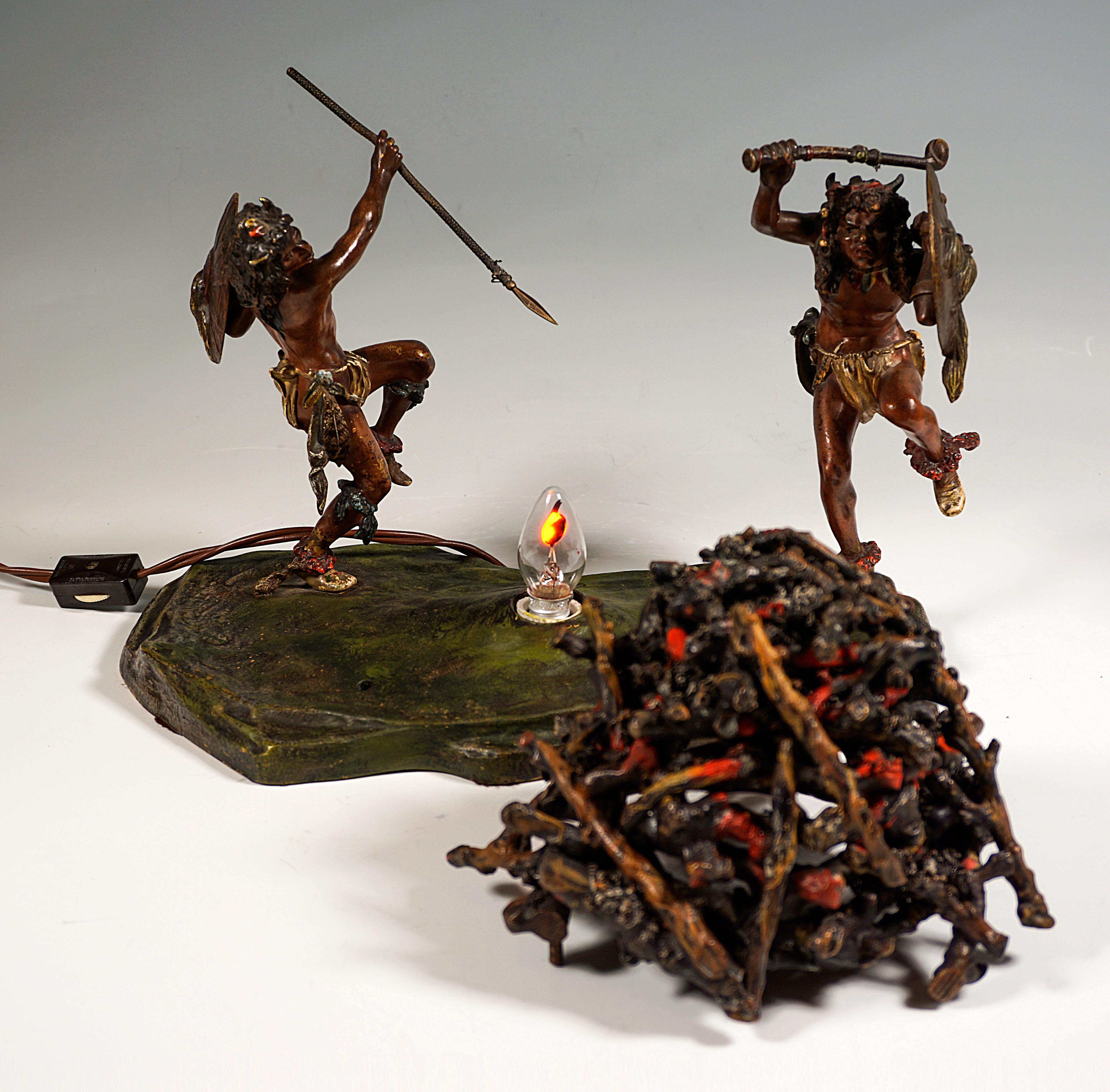 Cold-Painted Viennese Bronze, Warriors Dancing Around a Fire, by Franz Bergmann, ca 1910 For Sale