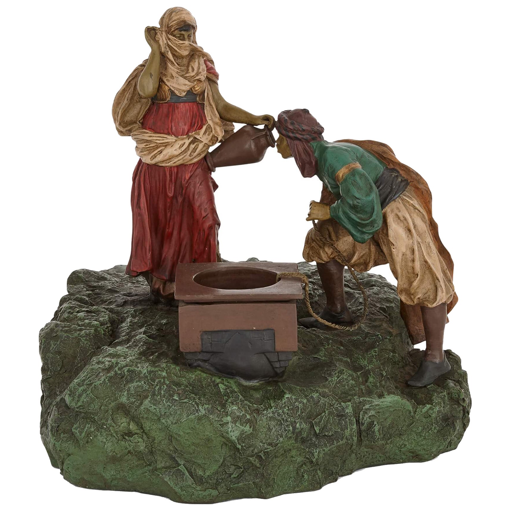 Wiener Kaltbemalte Wiener Bronze von Bergman mit der Darstellung von Rebecca im Brunnen
